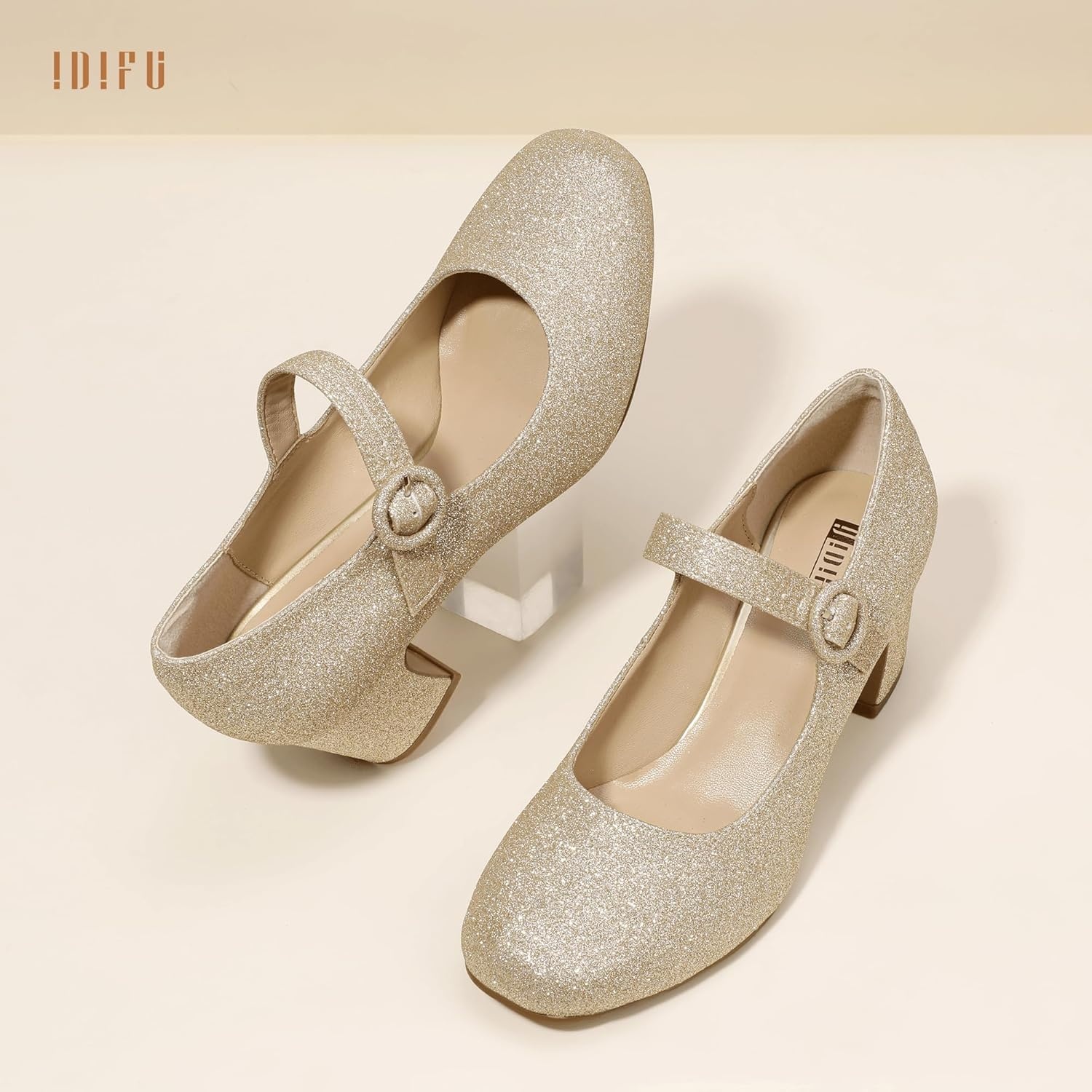 image:imageIDIFU IN3 Mary Jane Pumps Closed Toe Low Short Chunky Block Dress Shoes for Women Wedding Bridal Flight Attendant Heels Formal Cute Round Toe Vintage Small Thick Pumps Heels with Round BuckleGold Shiny