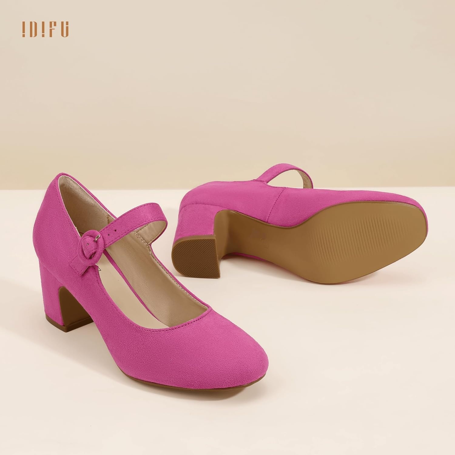 image:imageIDIFU IN3 Mary Jane Pumps Closed Toe Low Short Chunky Block Dress Shoes for Women Wedding Bridal Flight Attendant Heels Formal Cute Round Toe Vintage Small Thick Pumps Heels with Round BuckleHot Pink Suede