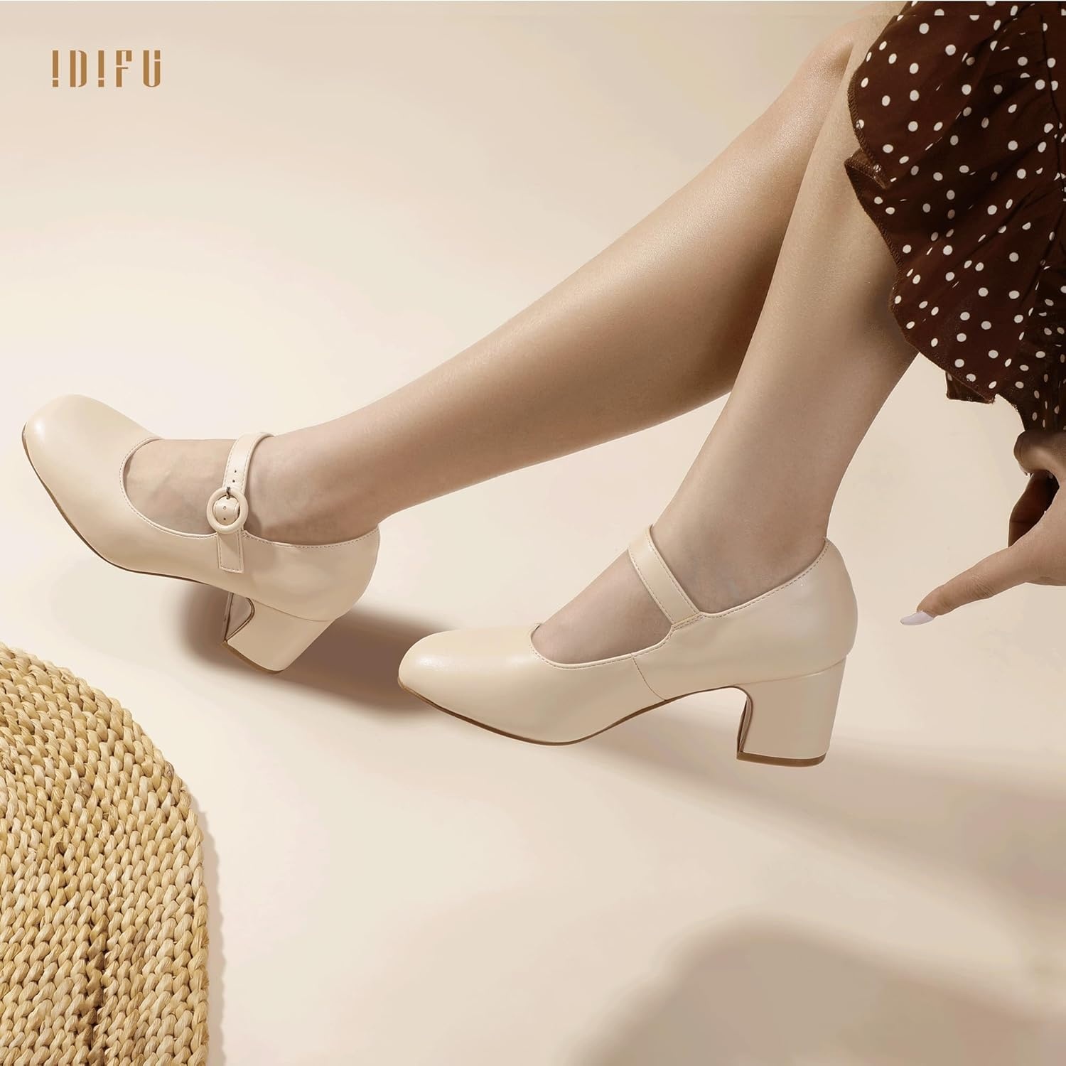 image:imageIDIFU IN3 Mary Jane Pumps Closed Toe Low Short Chunky Block Dress Shoes for Women Wedding Bridal Flight Attendant Heels Formal Cute Round Toe Vintage Small Thick Pumps Heels with Round BuckleBeige Pu