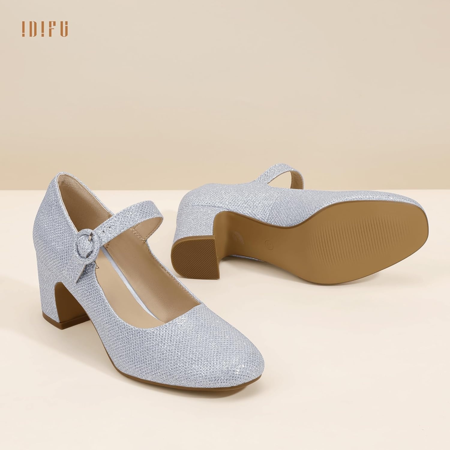 image:imageIDIFU IN3 Mary Jane Pumps Closed Toe Low Short Chunky Block Dress Shoes for Women Wedding Bridal Flight Attendant Heels Formal Cute Round Toe Vintage Small Thick Pumps Heels with Round BuckleSilver Glitter