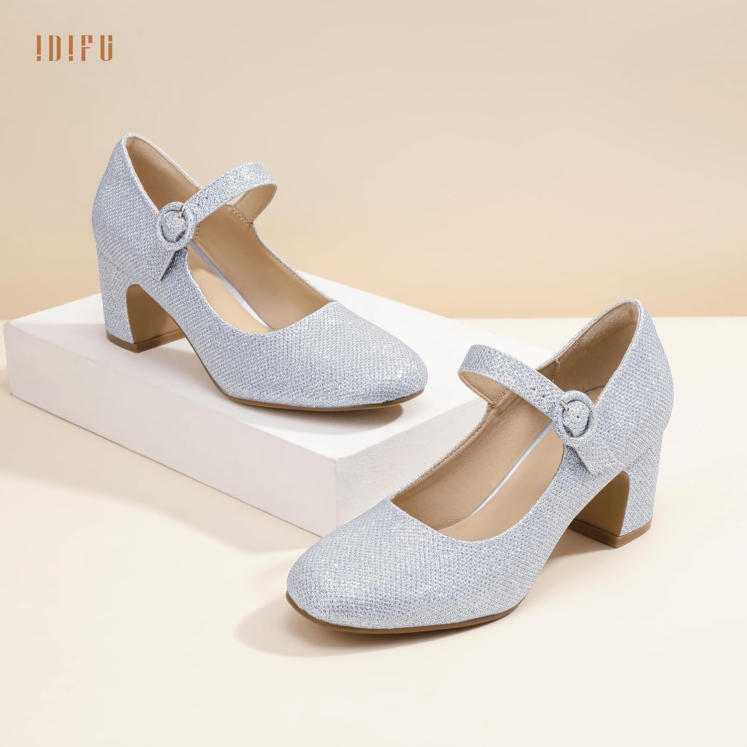 image:imageIDIFU IN3 Mary Jane Pumps Closed Toe Low Short Chunky Block Dress Shoes for Women Wedding Bridal Flight Attendant Heels Formal Cute Round Toe Vintage Small Thick Pumps Heels with Round BuckleSilver Glitter
