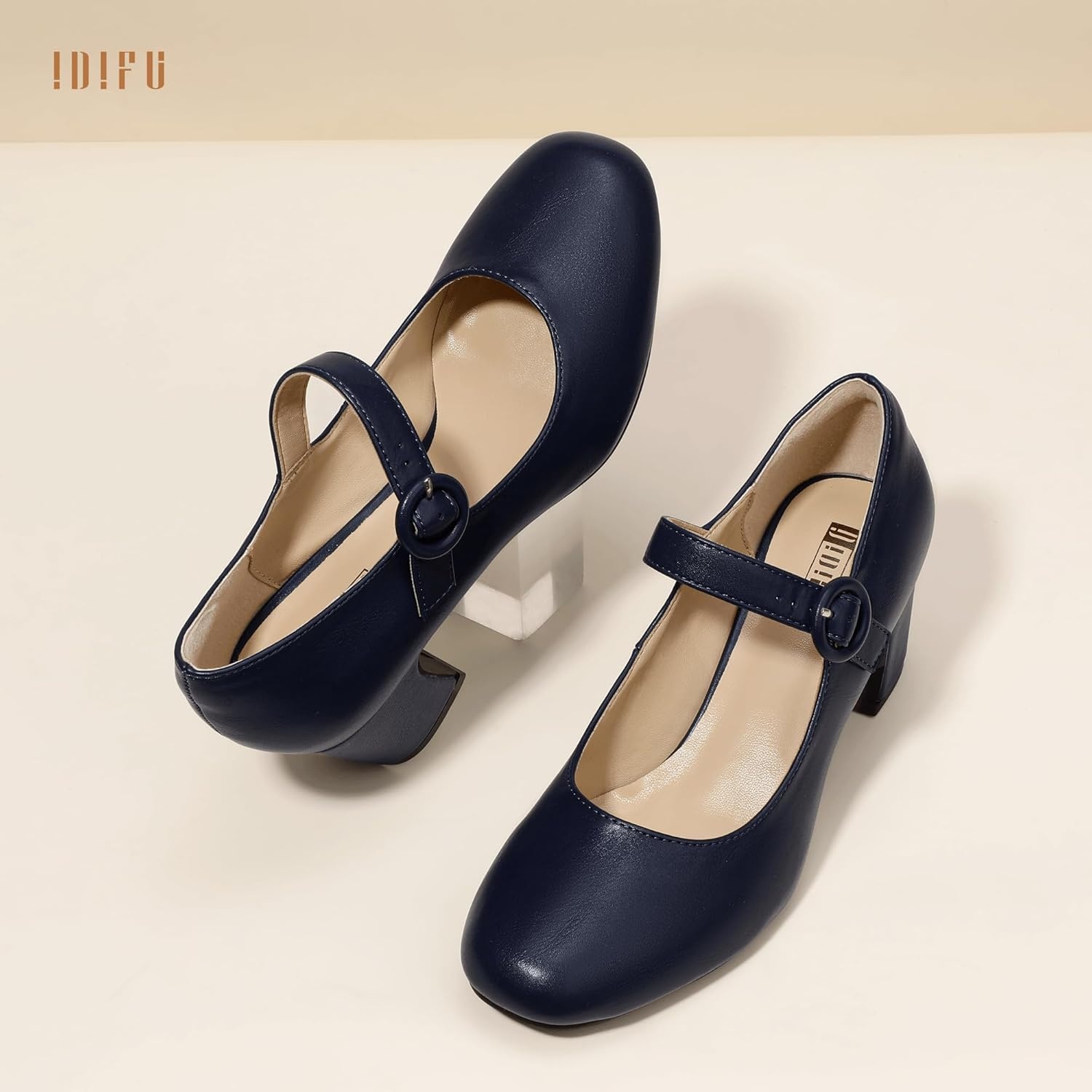 image:imageIDIFU IN3 Mary Jane Pumps Closed Toe Low Short Chunky Block Dress Shoes for Women Wedding Bridal Flight Attendant Heels Formal Cute Round Toe Vintage Small Thick Pumps Heels with Round BuckleNavy Blue Pu