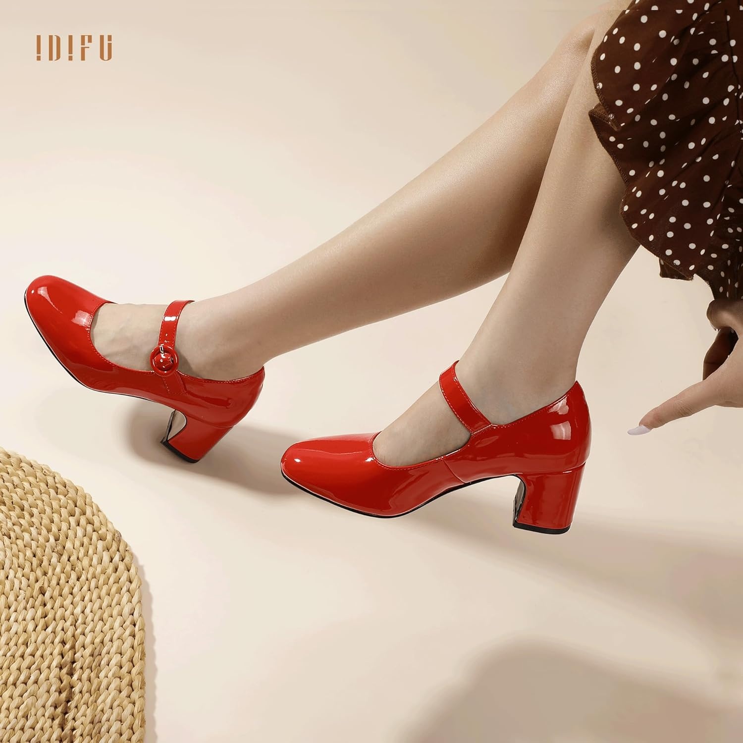 image:imageIDIFU IN3 Mary Jane Pumps Closed Toe Low Short Chunky Block Dress Shoes for Women Wedding Bridal Flight Attendant Heels Formal Cute Round Toe Vintage Small Thick Pumps Heels with Round BuckleRed Patent