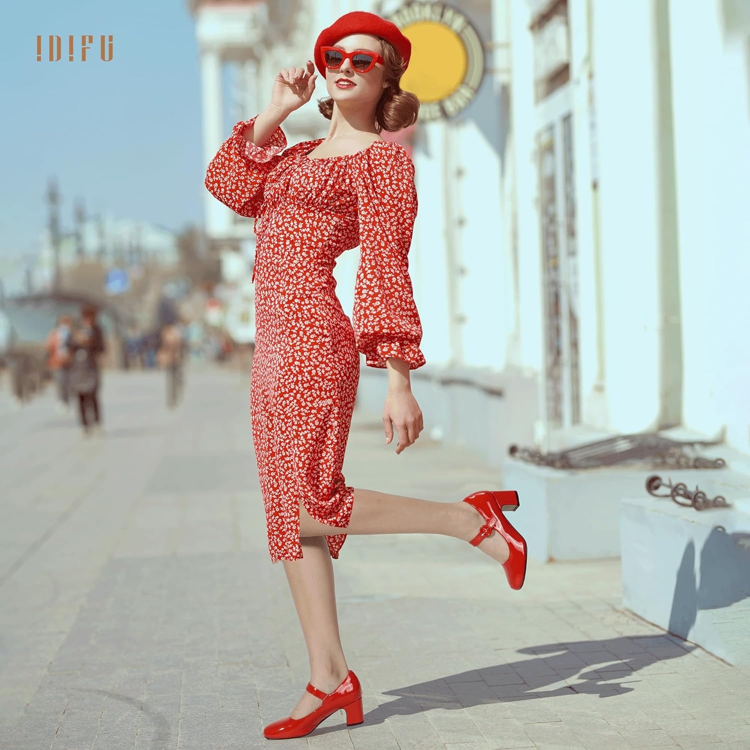image:imageIDIFU IN3 Mary Jane Pumps Closed Toe Low Short Chunky Block Dress Shoes for Women Wedding Bridal Flight Attendant Heels Formal Cute Round Toe Vintage Small Thick Pumps Heels with Round BuckleRed Patent