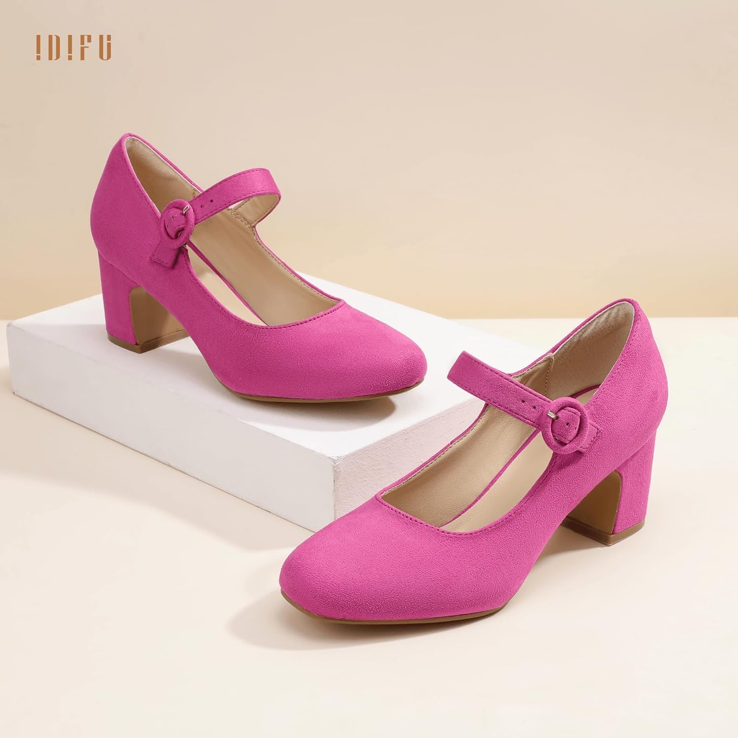 image:imageIDIFU IN3 Mary Jane Pumps Closed Toe Low Short Chunky Block Dress Shoes for Women Wedding Bridal Flight Attendant Heels Formal Cute Round Toe Vintage Small Thick Pumps Heels with Round BuckleHot Pink Suede