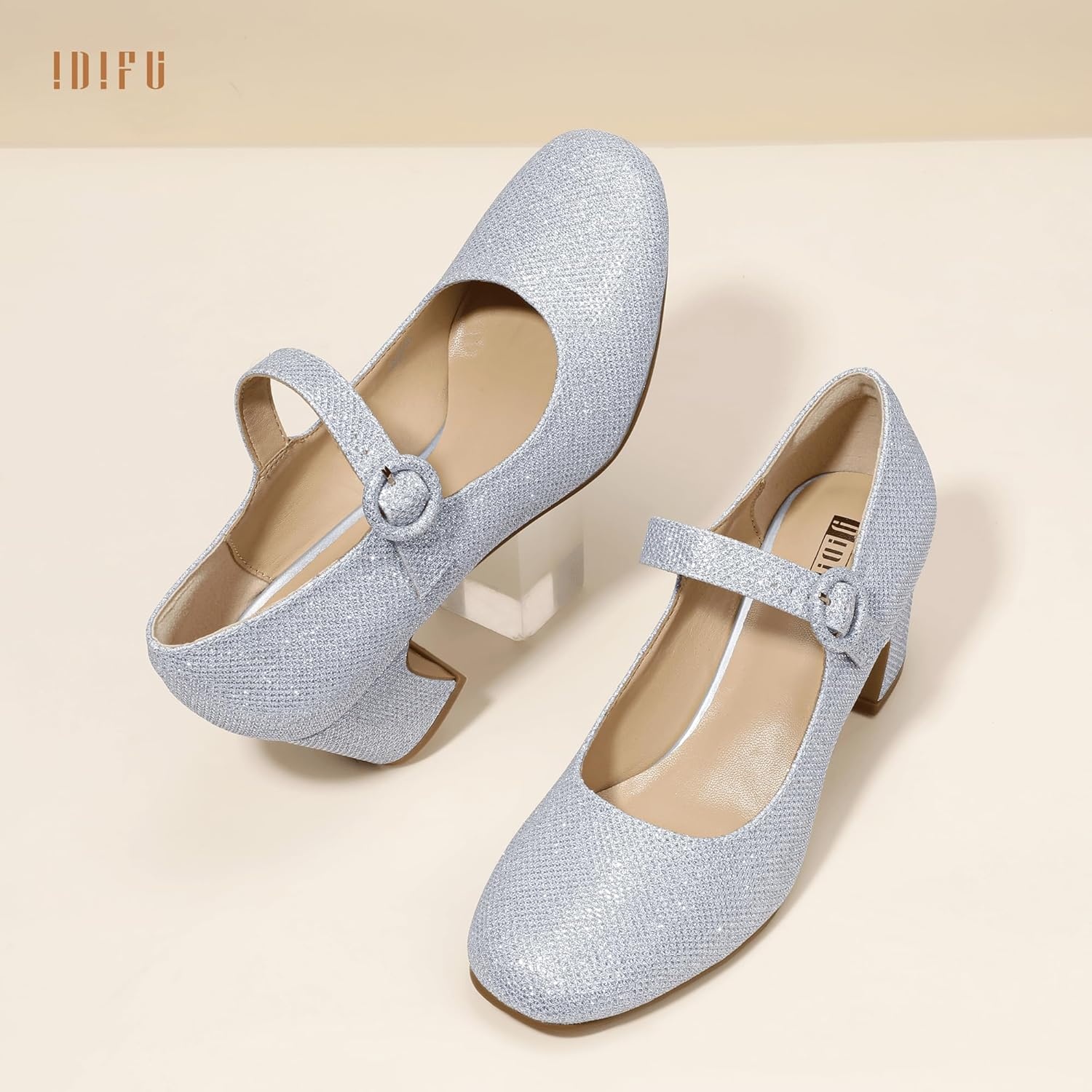 image:imageIDIFU IN3 Mary Jane Pumps Closed Toe Low Short Chunky Block Dress Shoes for Women Wedding Bridal Flight Attendant Heels Formal Cute Round Toe Vintage Small Thick Pumps Heels with Round BuckleSilver Glitter