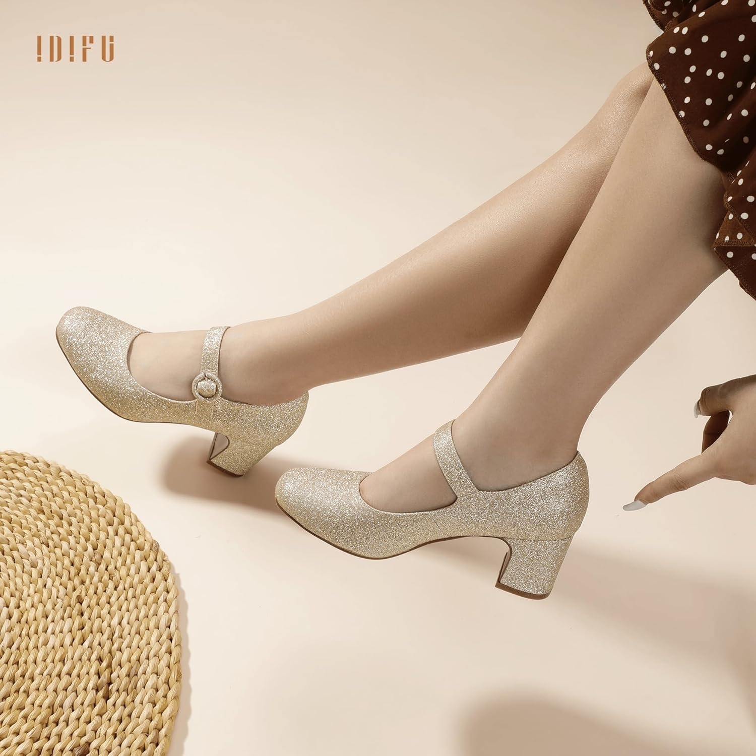 image:imageIDIFU IN3 Mary Jane Pumps Closed Toe Low Short Chunky Block Dress Shoes for Women Wedding Bridal Flight Attendant Heels Formal Cute Round Toe Vintage Small Thick Pumps Heels with Round BuckleGold Shiny