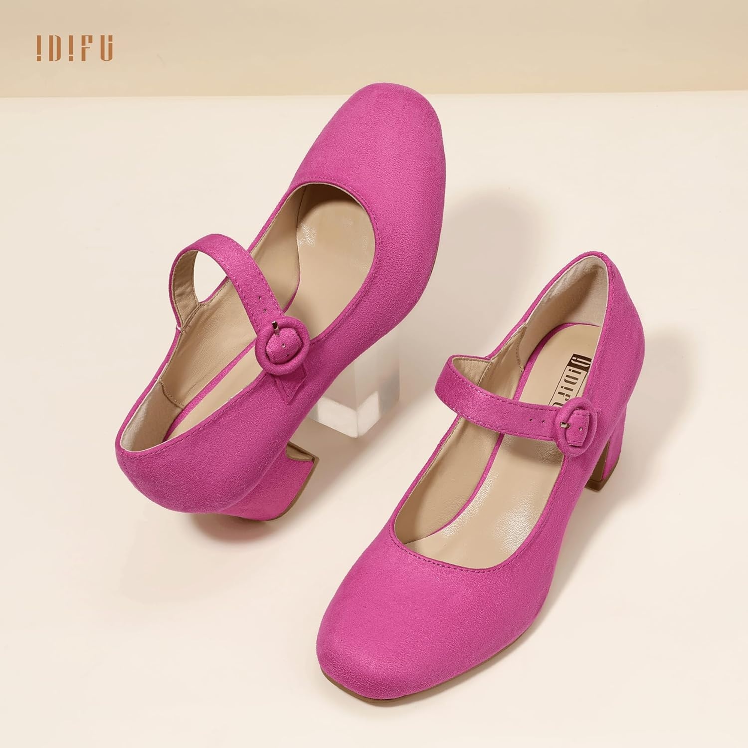 image:imageIDIFU IN3 Mary Jane Pumps Closed Toe Low Short Chunky Block Dress Shoes for Women Wedding Bridal Flight Attendant Heels Formal Cute Round Toe Vintage Small Thick Pumps Heels with Round BuckleHot Pink Suede