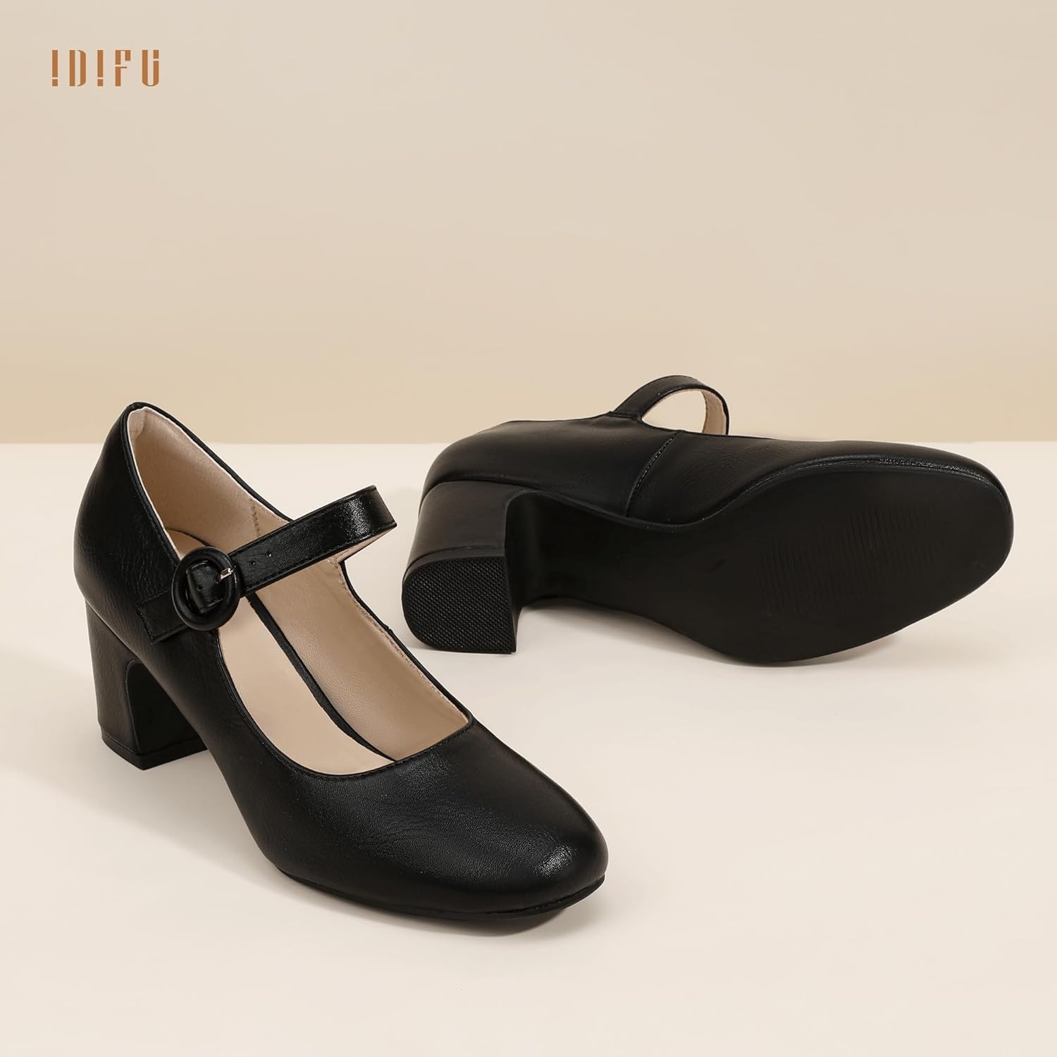 image:imageIDIFU IN3 Mary Jane Pumps Closed Toe Low Short Chunky Block Dress Shoes for Women Wedding Bridal Flight Attendant Heels Formal Cute Round Toe Vintage Small Thick Pumps Heels with Round BuckleBlack Pu