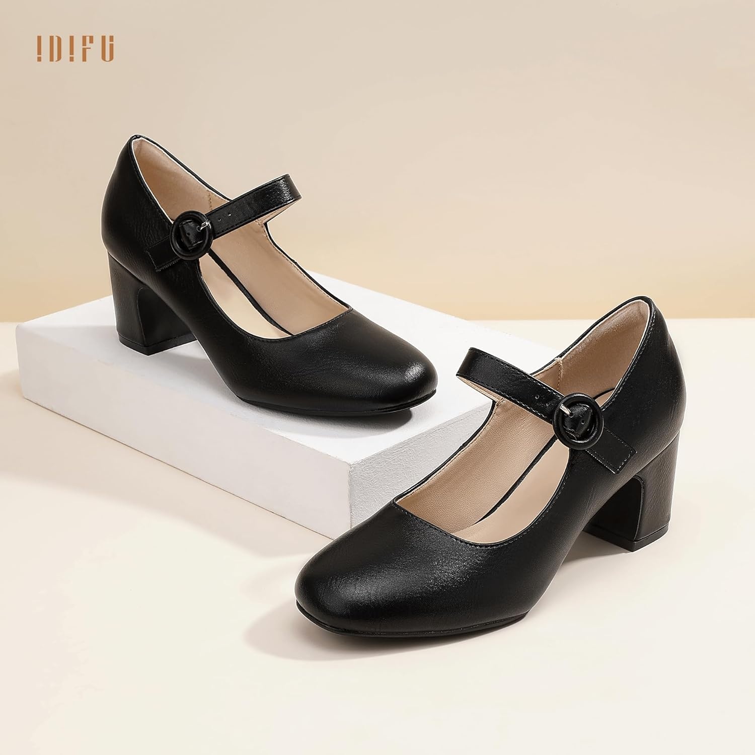 image:imageIDIFU IN3 Mary Jane Pumps Closed Toe Low Short Chunky Block Dress Shoes for Women Wedding Bridal Flight Attendant Heels Formal Cute Round Toe Vintage Small Thick Pumps Heels with Round BuckleBlack Pu