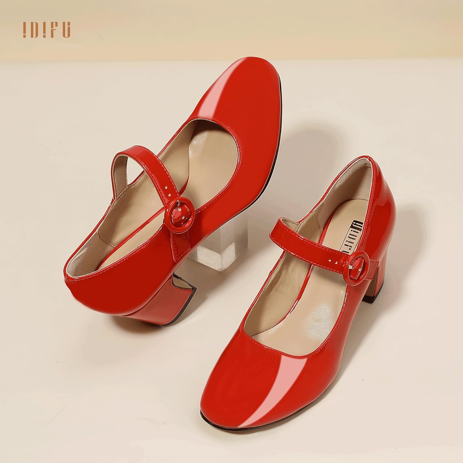 image:imageIDIFU IN3 Mary Jane Pumps Closed Toe Low Short Chunky Block Dress Shoes for Women Wedding Bridal Flight Attendant Heels Formal Cute Round Toe Vintage Small Thick Pumps Heels with Round BuckleRed Patent