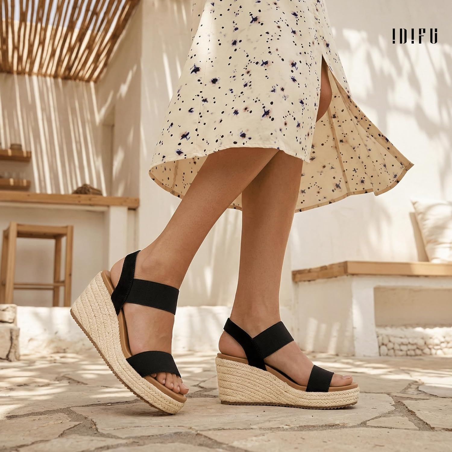 image:imageIDIFU IN3 Womens Espadrilles Elastic Dressy Wedges Slip on Ankle Strap Open Toe Slingback Platform Sandals Comfortable Casual Cute Summer Vacation Wedding Wedges SandalsBlack E