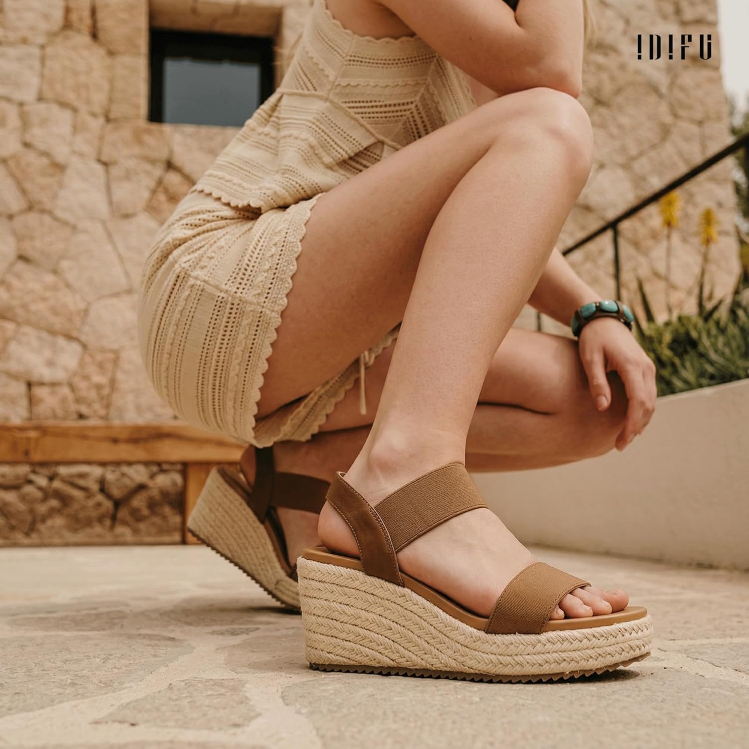 image:imageIDIFU IN3 Womens Espadrilles Elastic Dressy Wedges Slip on Ankle Strap Open Toe Slingback Platform Sandals Comfortable Casual Cute Summer Vacation Wedding Wedges SandalsBrown E