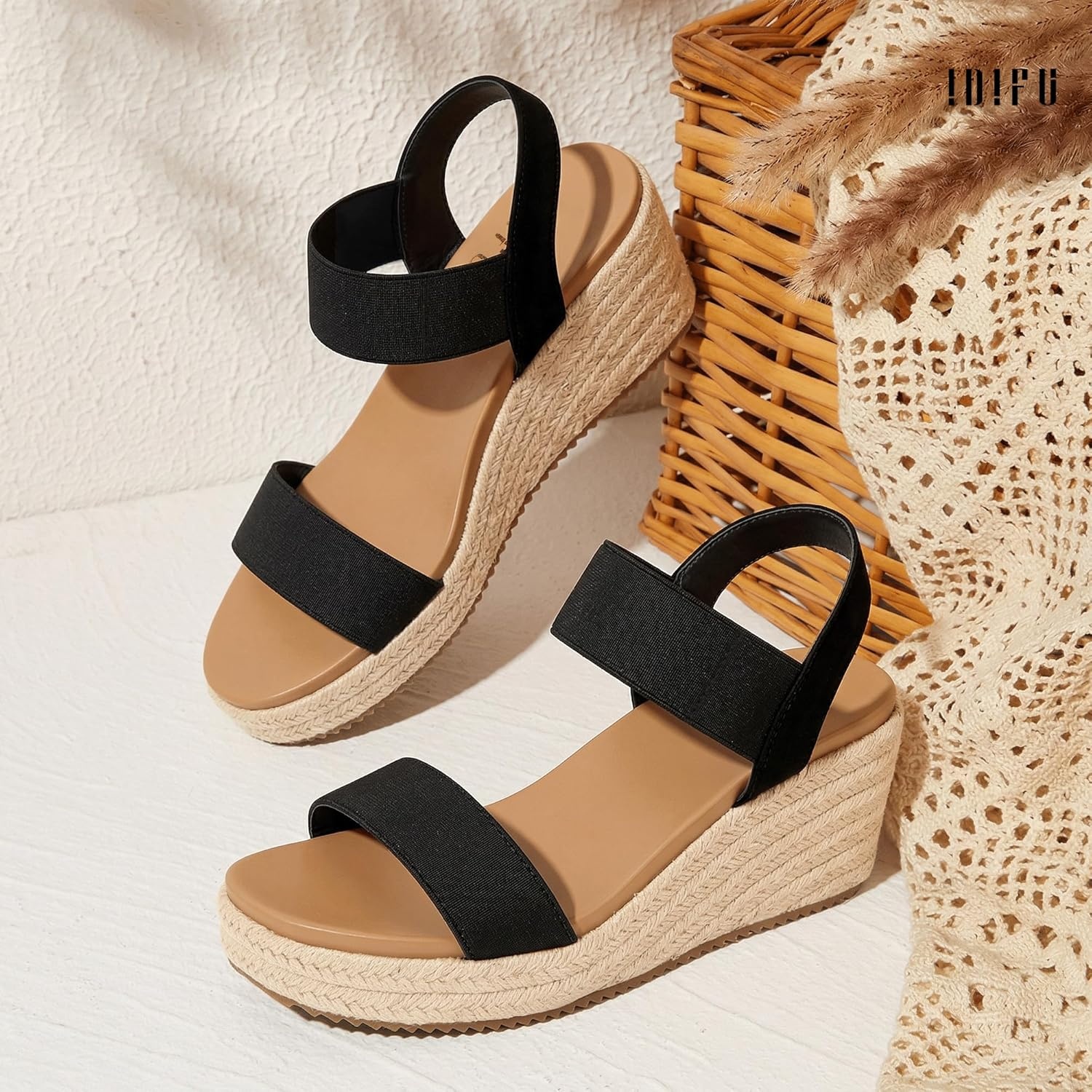 image:imageIDIFU IN3 Womens Espadrilles Elastic Dressy Wedges Slip on Ankle Strap Open Toe Slingback Platform Sandals Comfortable Casual Cute Summer Vacation Wedding Wedges SandalsBlack E
