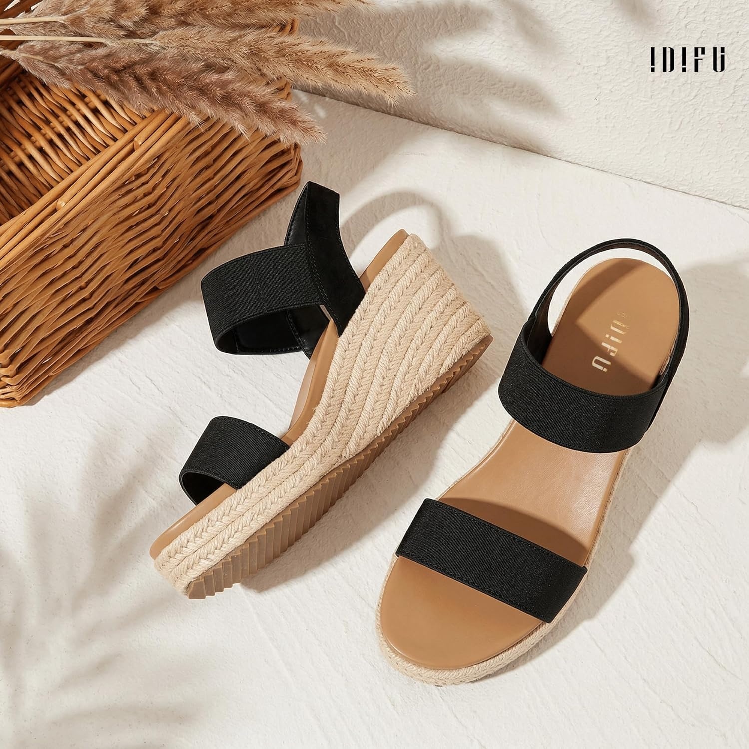image:imageIDIFU IN3 Womens Espadrilles Elastic Dressy Wedges Slip on Ankle Strap Open Toe Slingback Platform Sandals Comfortable Casual Cute Summer Vacation Wedding Wedges SandalsBlack E