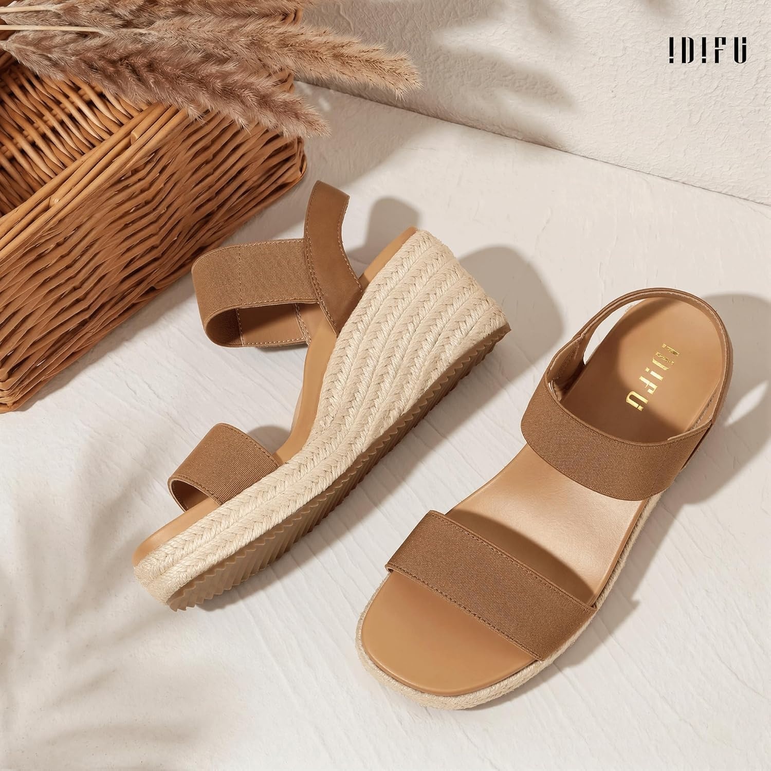 image:imageIDIFU IN3 Womens Espadrilles Elastic Dressy Wedges Slip on Ankle Strap Open Toe Slingback Platform Sandals Comfortable Casual Cute Summer Vacation Wedding Wedges SandalsBrown E
