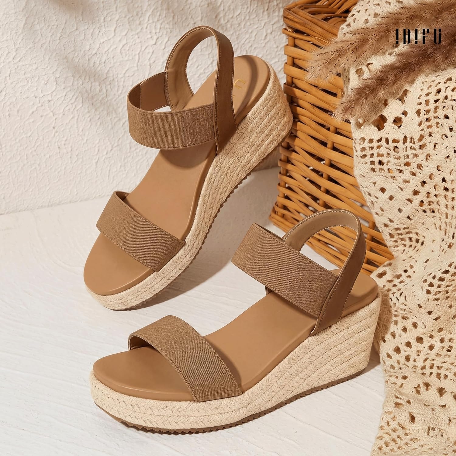image:imageIDIFU IN3 Womens Espadrilles Elastic Dressy Wedges Slip on Ankle Strap Open Toe Slingback Platform Sandals Comfortable Casual Cute Summer Vacation Wedding Wedges SandalsBrown E