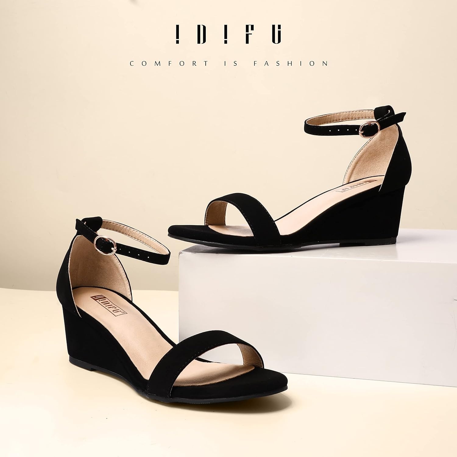 image:imageIDIFU Wedge Sandals Heels for Women Dress Shoes Open Toe with Ankle Strap for Wedding Bridal Evening CocktailBlack Nubuck
