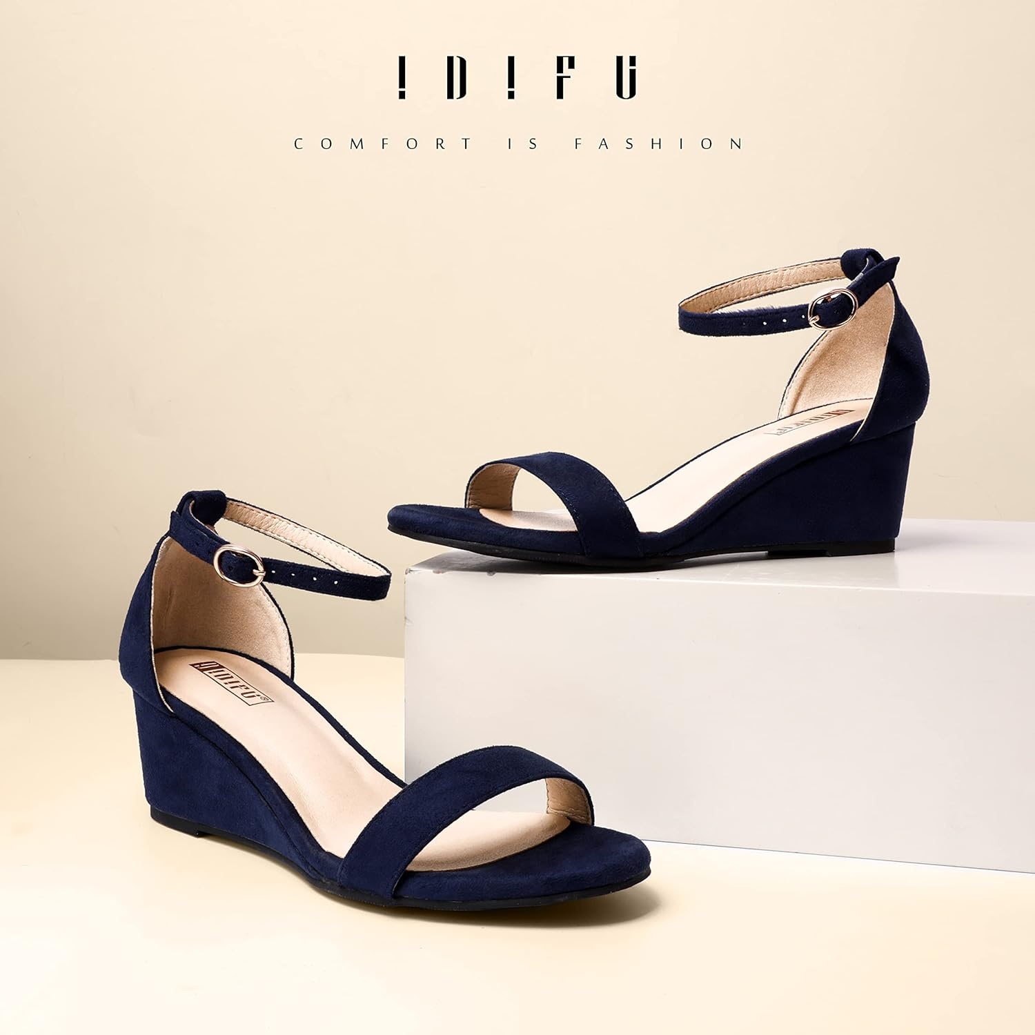 image:imageIDIFU Wedge Sandals Heels for Women Dress Shoes Open Toe with Ankle Strap for Wedding Bridal Evening CocktailBlue Suede
