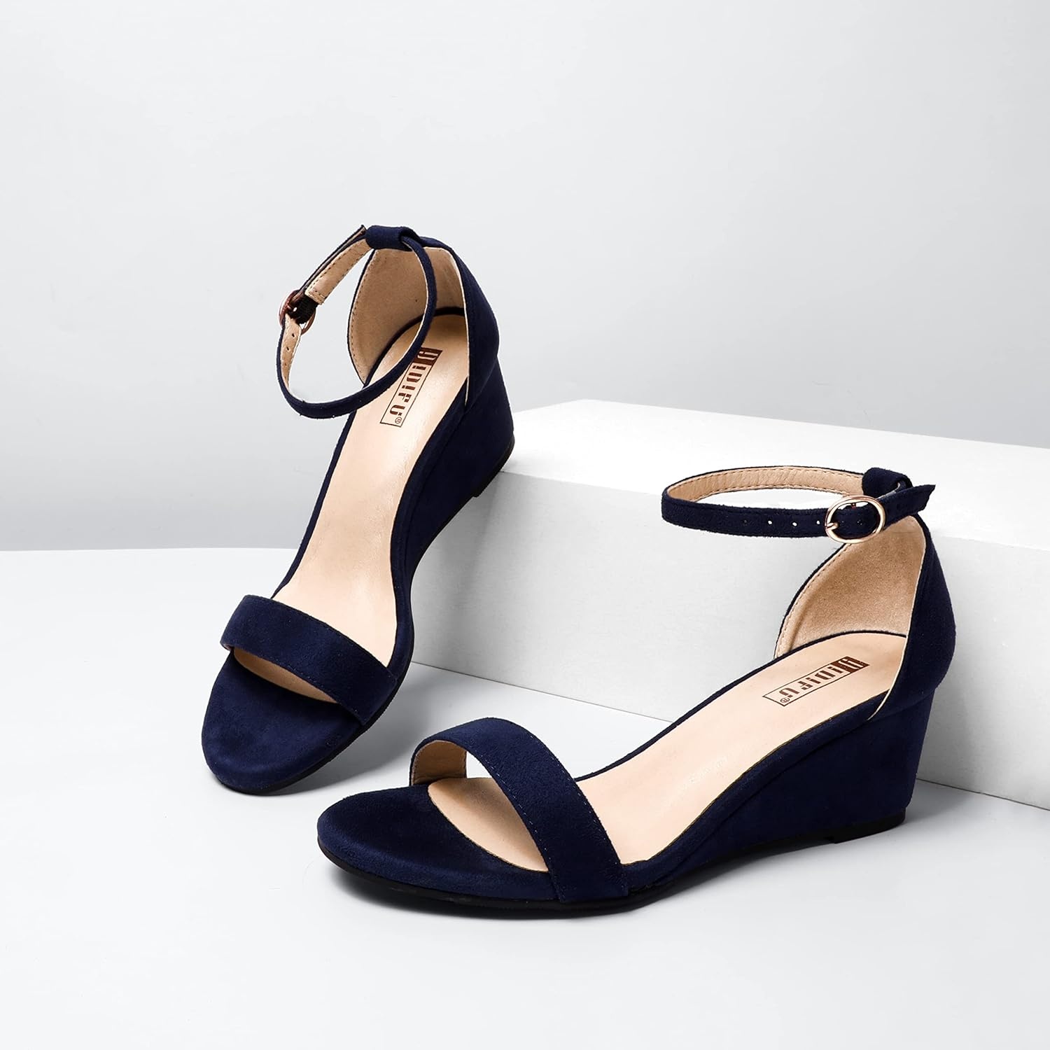 image:imageIDIFU Wedge Sandals Heels for Women Dress Shoes Open Toe with Ankle Strap for Wedding Bridal Evening CocktailBlue Suede