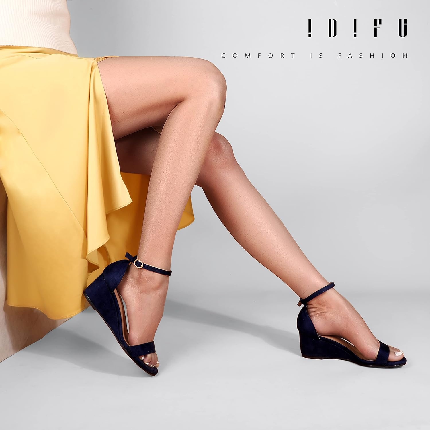 image:imageIDIFU Wedge Sandals Heels for Women Dress Shoes Open Toe with Ankle Strap for Wedding Bridal Evening CocktailBlue Suede