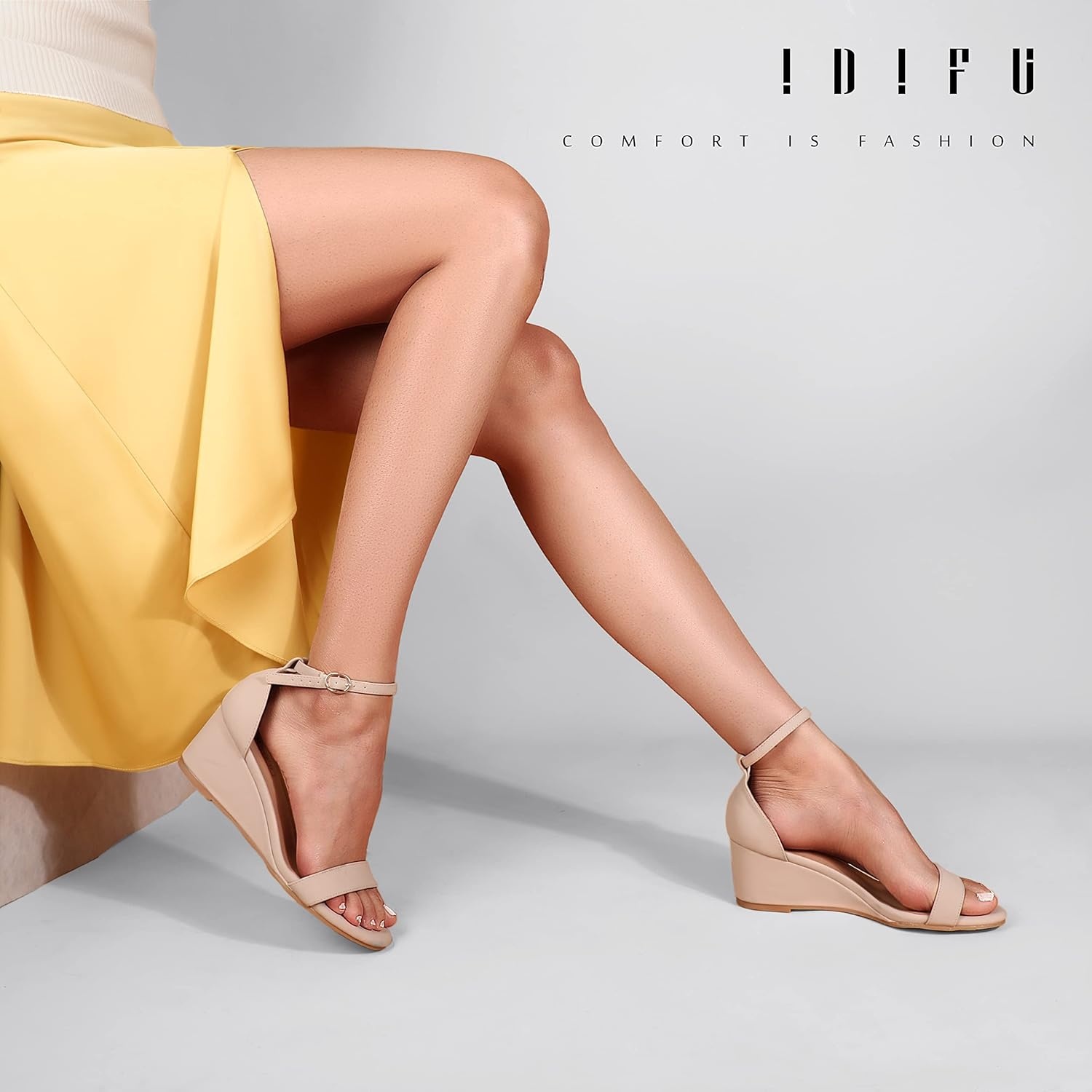 image:imageIDIFU Wedge Sandals Heels for Women Dress Shoes Open Toe with Ankle Strap for Wedding Bridal Evening CocktailNude Nubuck