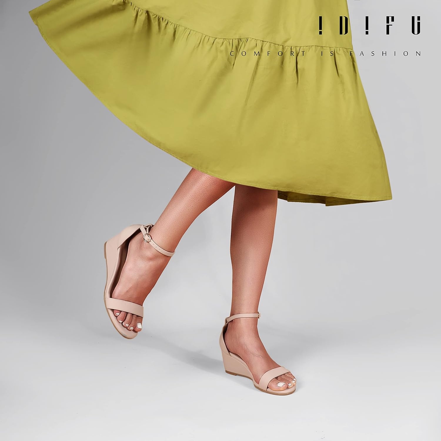 image:imageIDIFU Wedge Sandals Heels for Women Dress Shoes Open Toe with Ankle Strap for Wedding Bridal Evening CocktailNude Nubuck