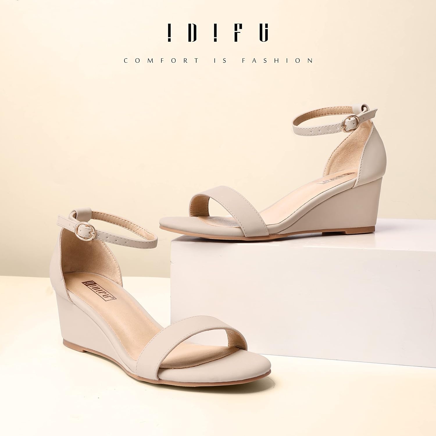 image:imageIDIFU Wedge Sandals Heels for Women Dress Shoes Open Toe with Ankle Strap for Wedding Bridal Evening CocktailNude Nubuck