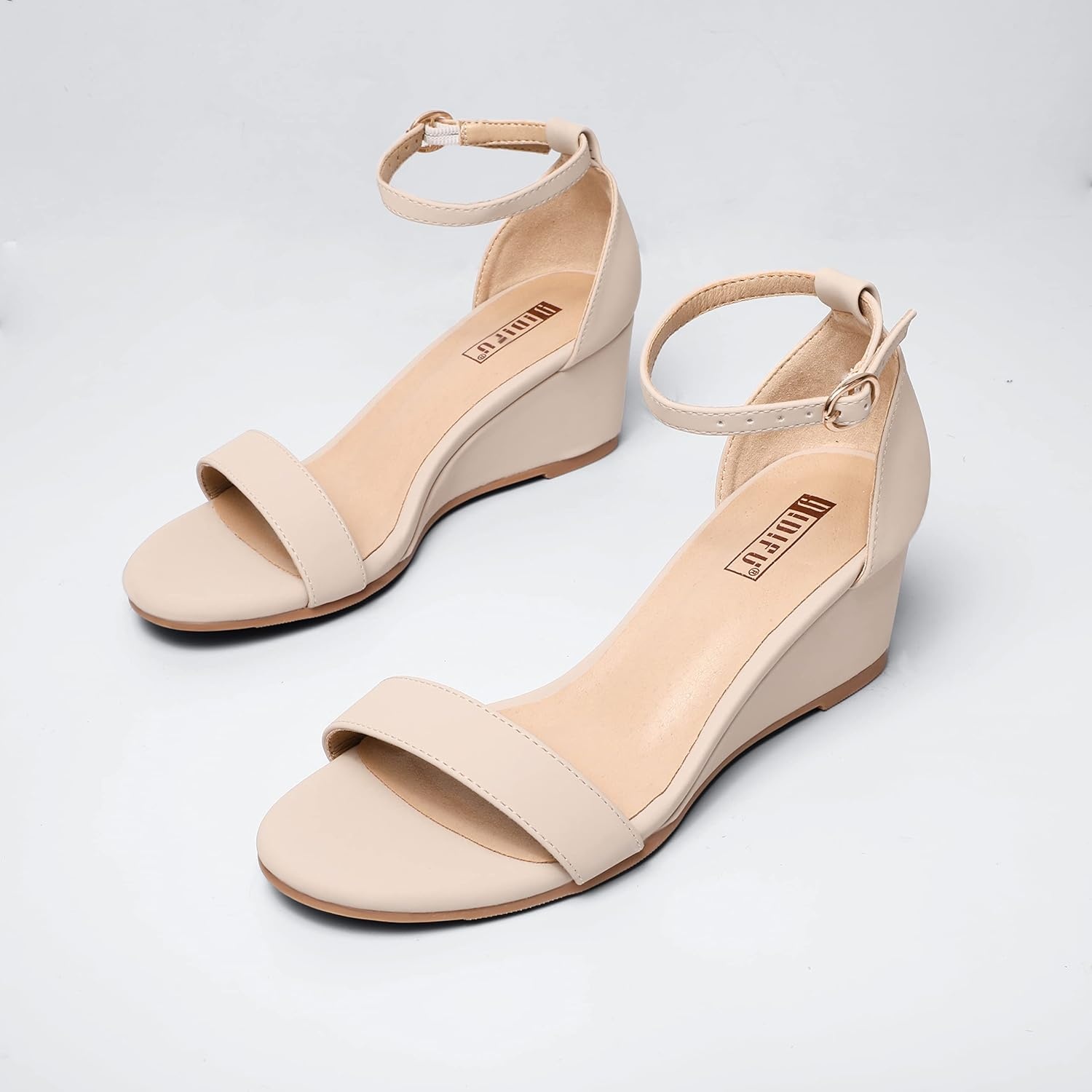 image:imageIDIFU Wedge Sandals Heels for Women Dress Shoes Open Toe with Ankle Strap for Wedding Bridal Evening CocktailNude Nubuck