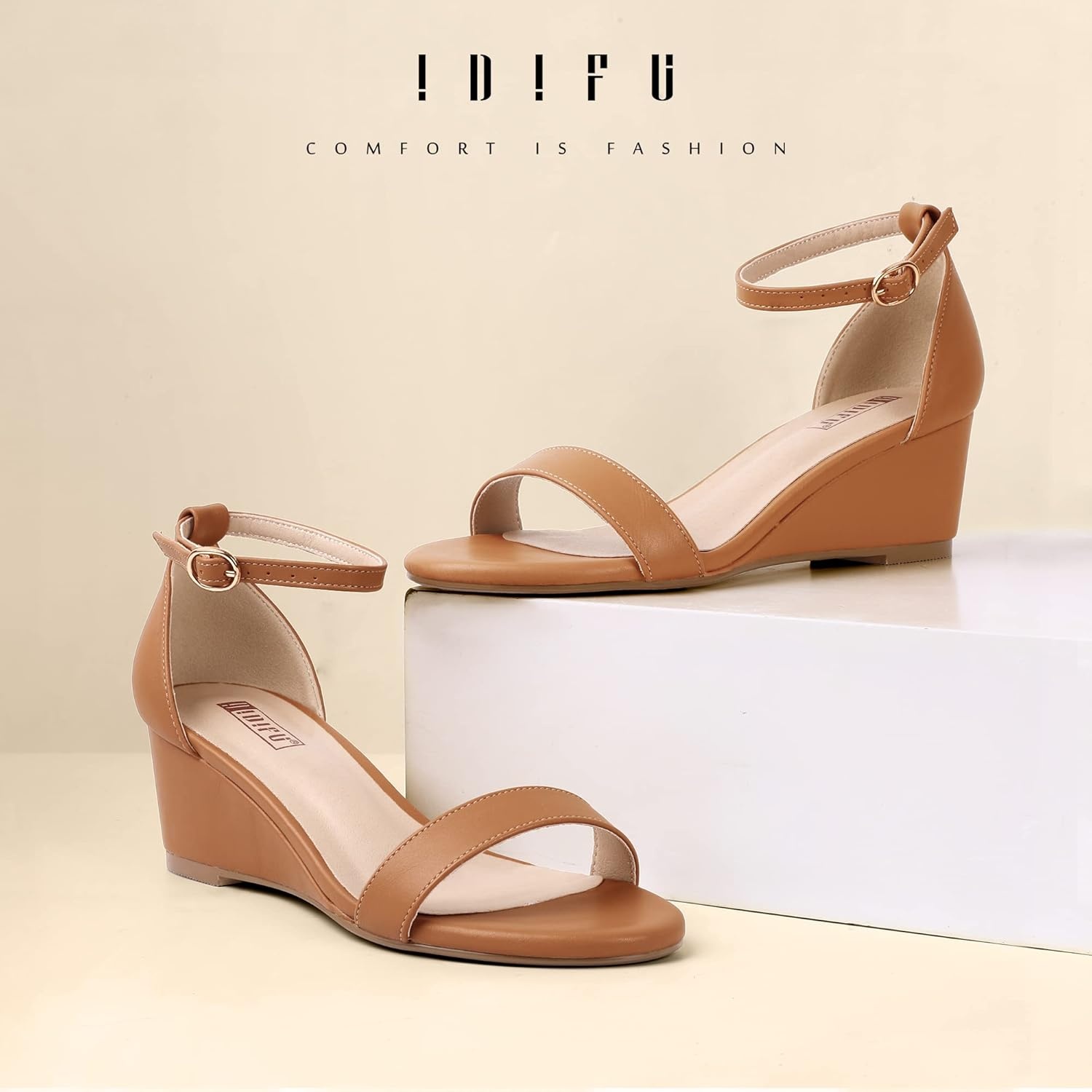 image:imageIDIFU Wedge Sandals Heels for Women Dress Shoes Open Toe with Ankle Strap for Wedding Bridal Evening CocktailNude Pu