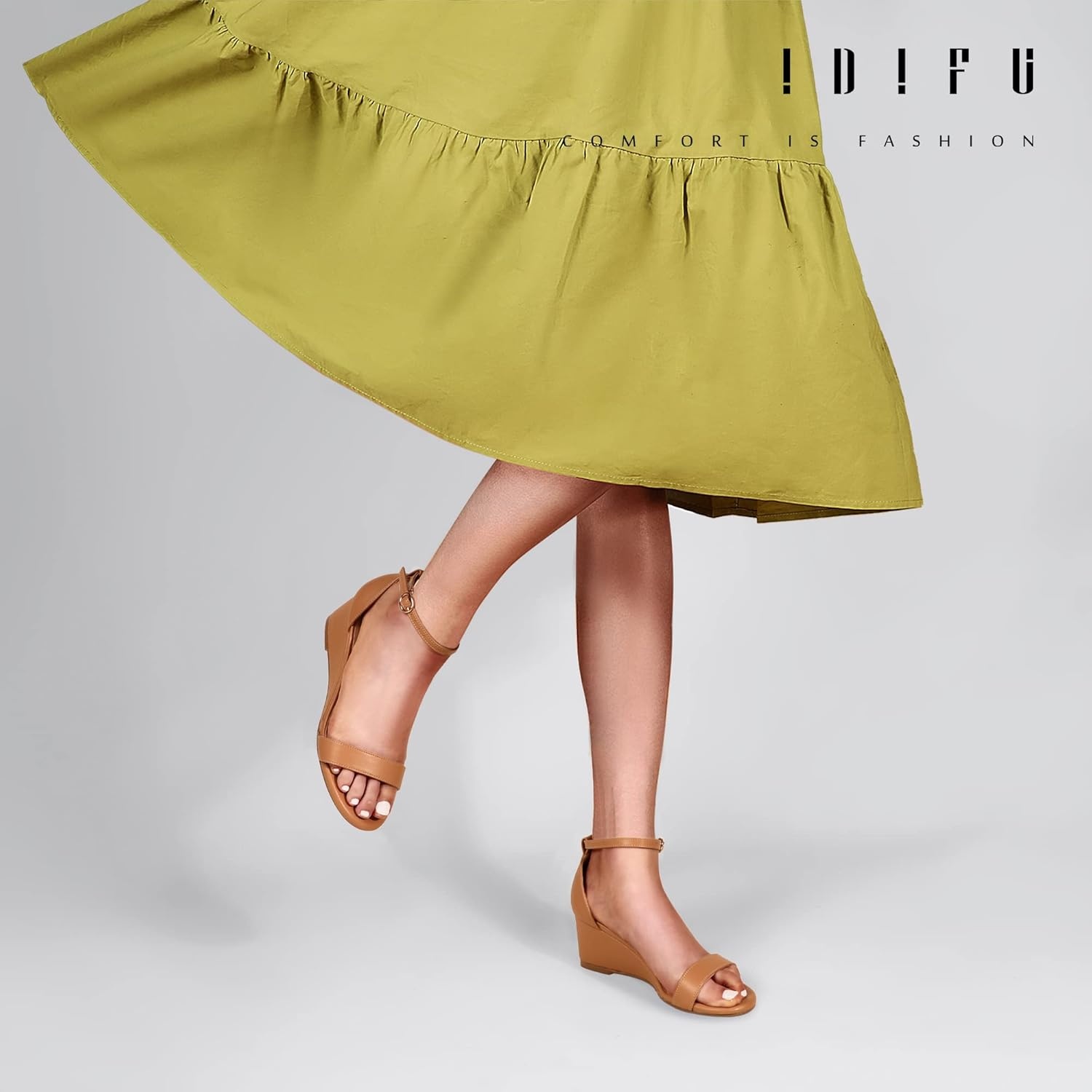 image:imageIDIFU Wedge Sandals Heels for Women Dress Shoes Open Toe with Ankle Strap for Wedding Bridal Evening CocktailNude Pu