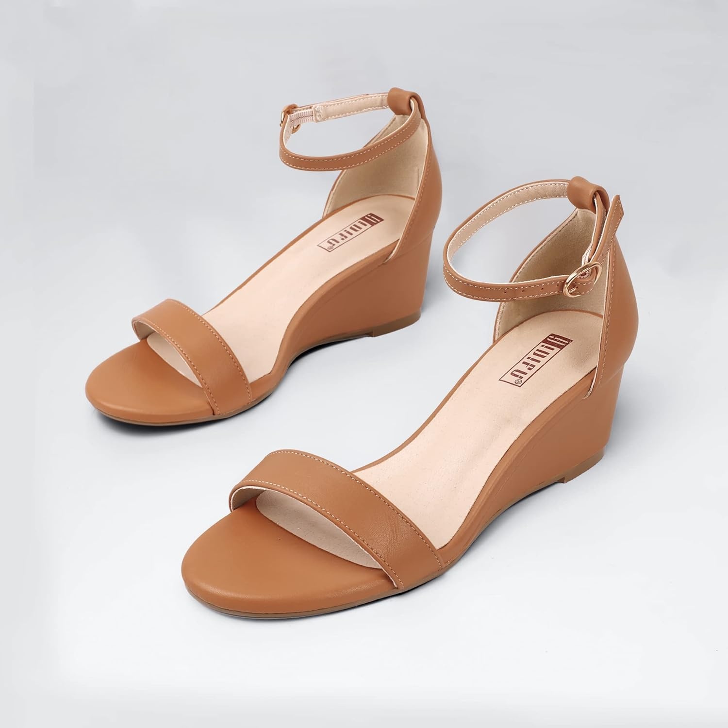 image:imageIDIFU Wedge Sandals Heels for Women Dress Shoes Open Toe with Ankle Strap for Wedding Bridal Evening CocktailNude Pu