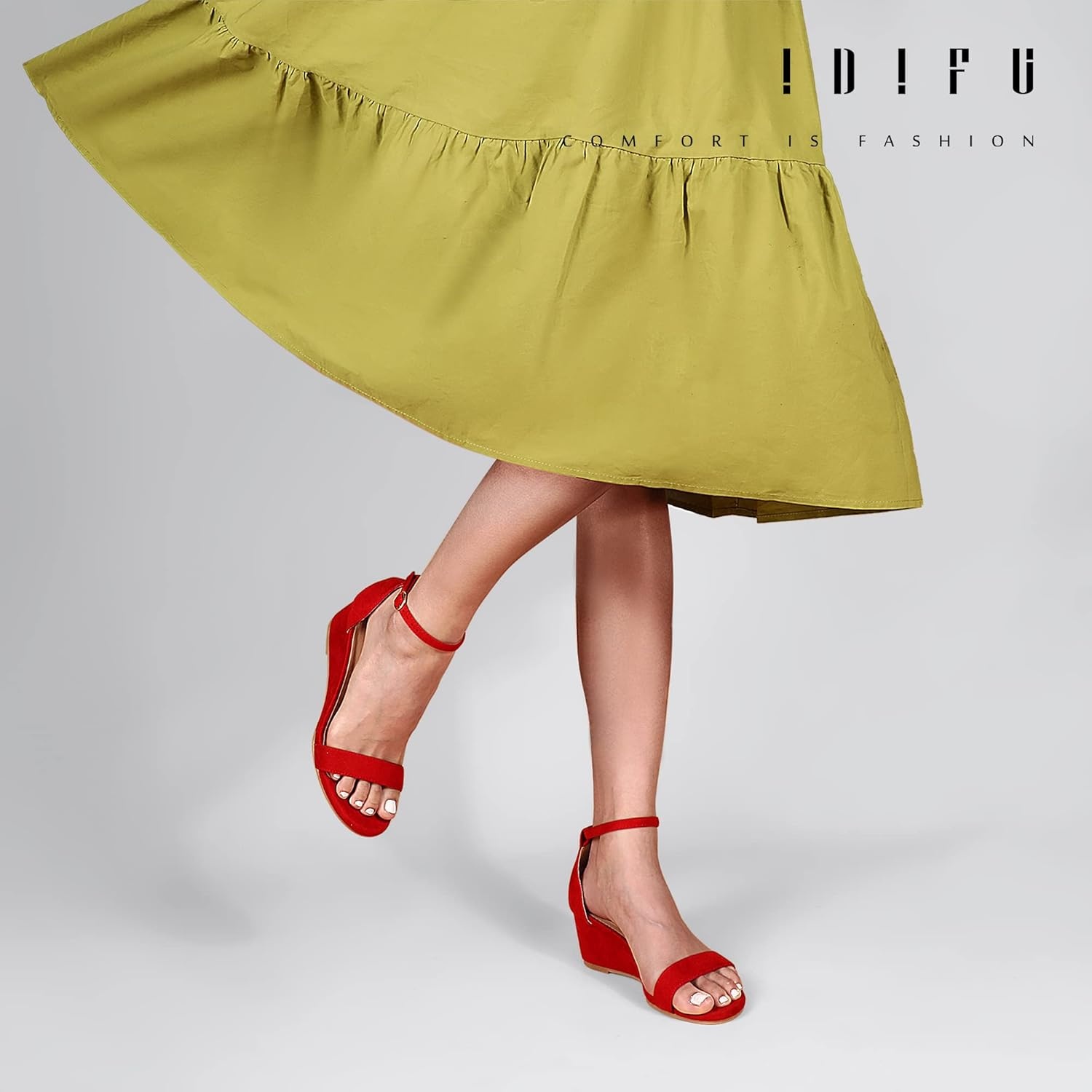 image:imageIDIFU Wedge Sandals Heels for Women Dress Shoes Open Toe with Ankle Strap for Wedding Bridal Evening CocktailRed Suede