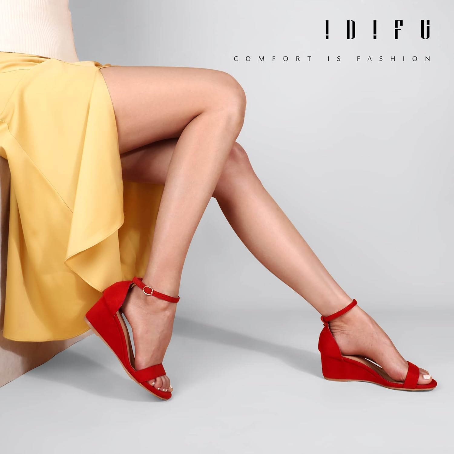 image:imageIDIFU Wedge Sandals Heels for Women Dress Shoes Open Toe with Ankle Strap for Wedding Bridal Evening CocktailRed Suede