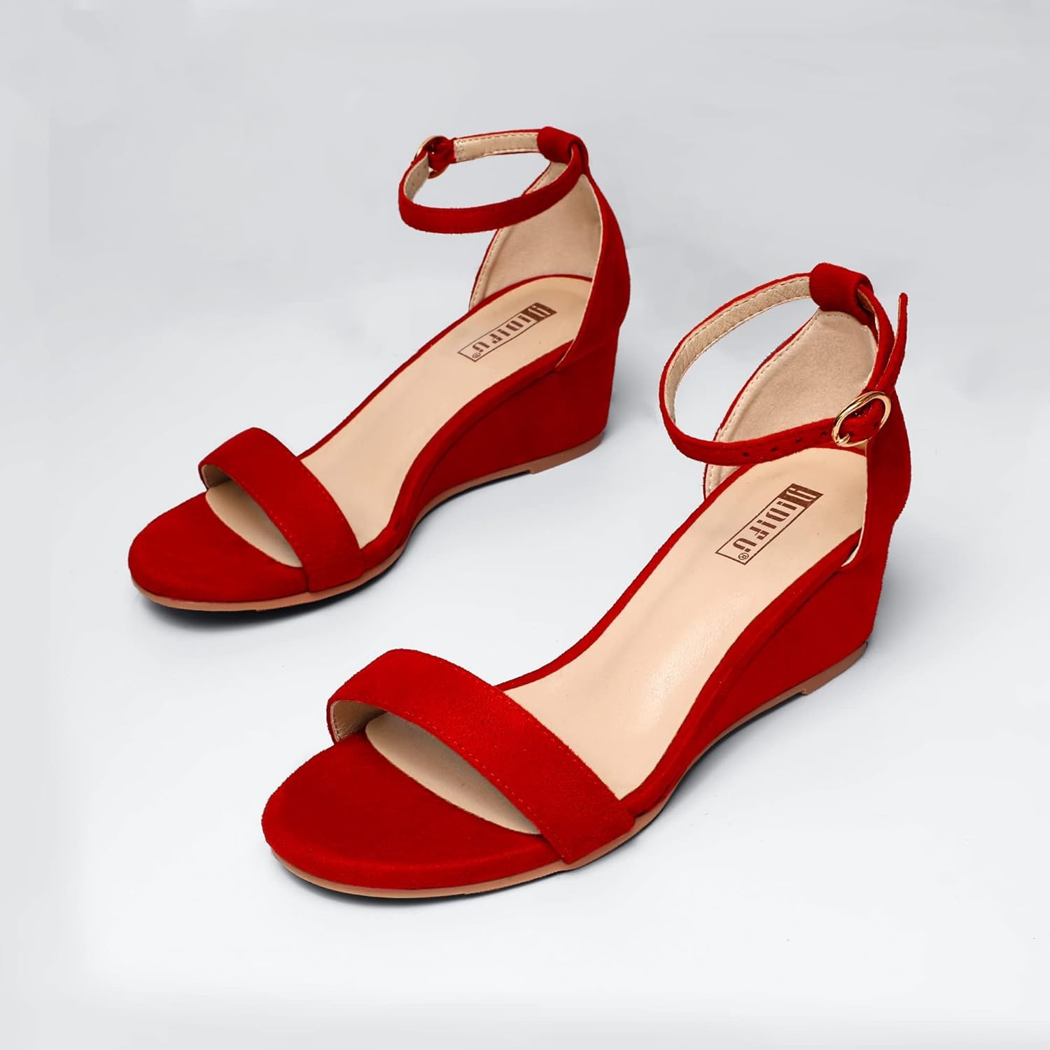 image:imageIDIFU Wedge Sandals Heels for Women Dress Shoes Open Toe with Ankle Strap for Wedding Bridal Evening CocktailRed Suede