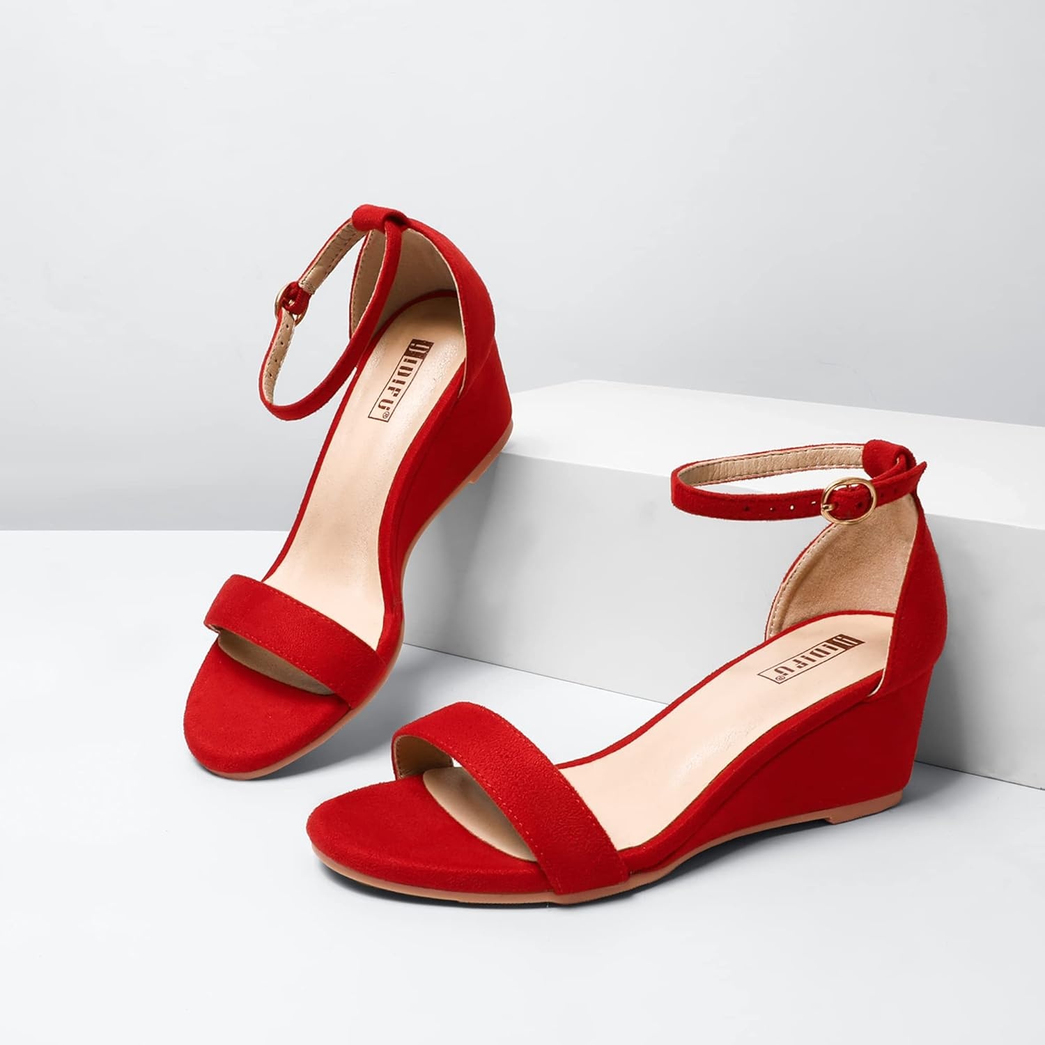 image:imageIDIFU Wedge Sandals Heels for Women Dress Shoes Open Toe with Ankle Strap for Wedding Bridal Evening CocktailRed Suede