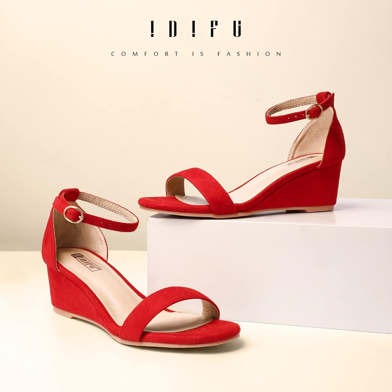 image:imageIDIFU Wedge Sandals Heels for Women Dress Shoes Open Toe with Ankle Strap for Wedding Bridal Evening CocktailRed Suede