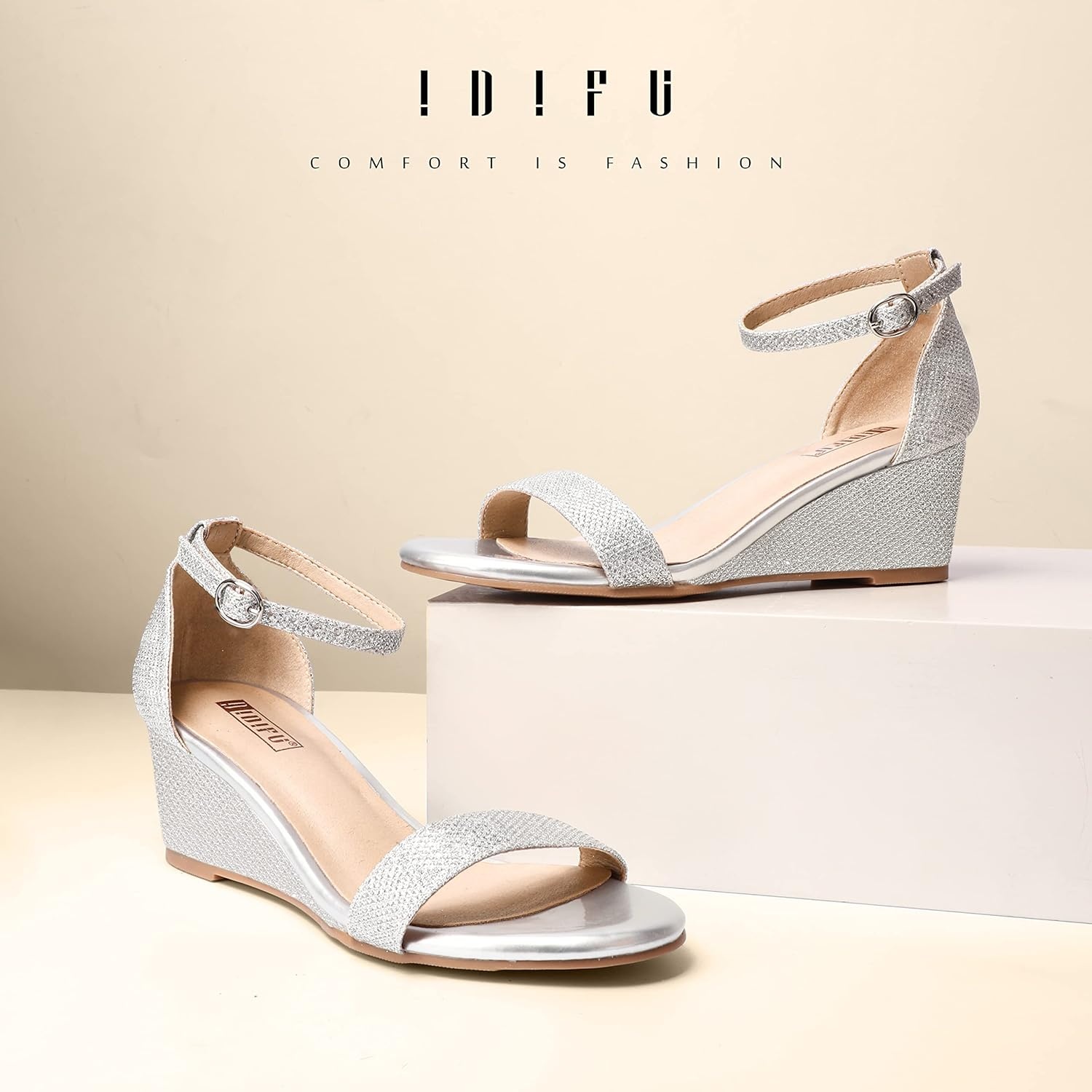 image:imageIDIFU Wedge Sandals Heels for Women Dress Shoes Open Toe with Ankle Strap for Wedding Bridal Evening CocktailSilver Glitter