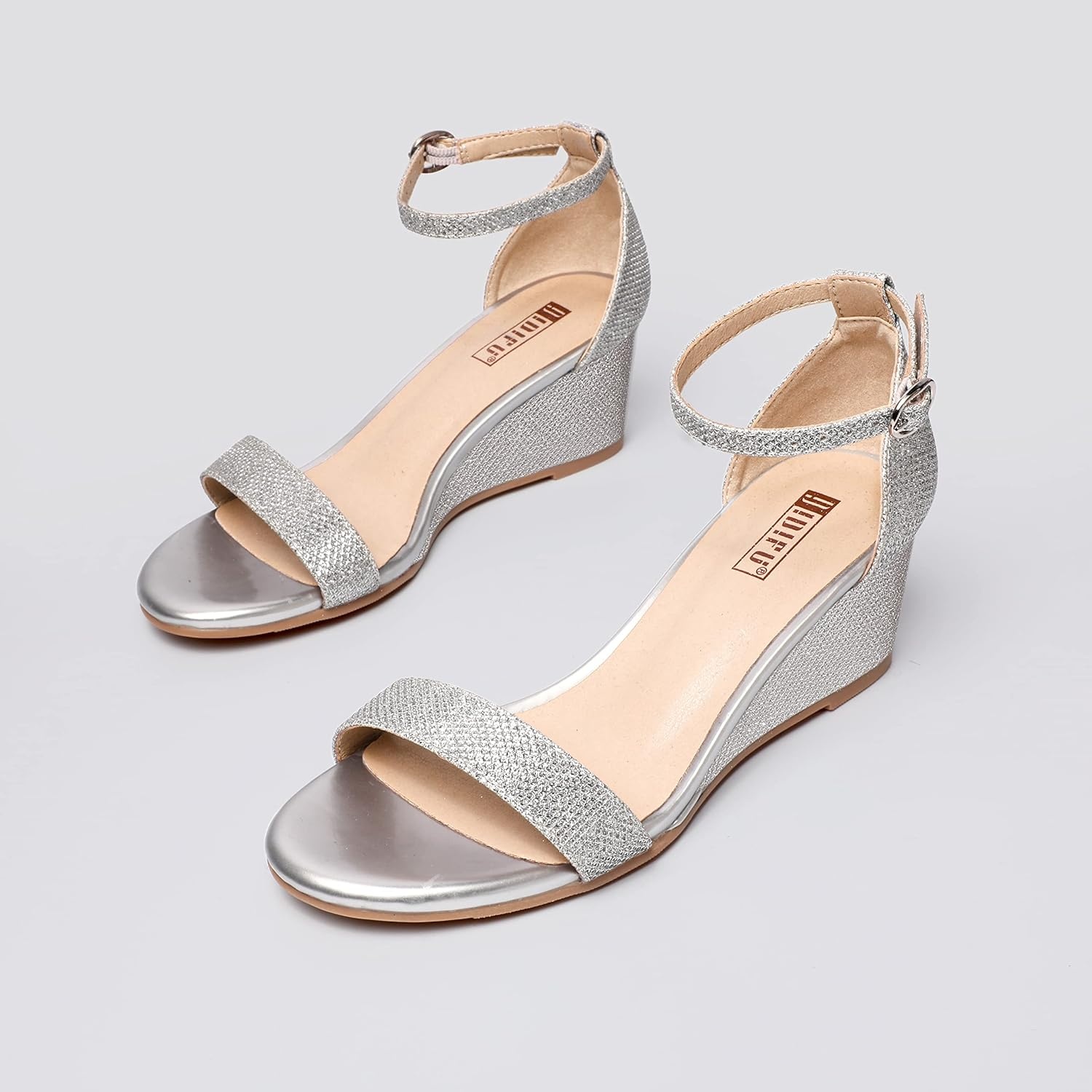 image:imageIDIFU Wedge Sandals Heels for Women Dress Shoes Open Toe with Ankle Strap for Wedding Bridal Evening CocktailSilver Glitter