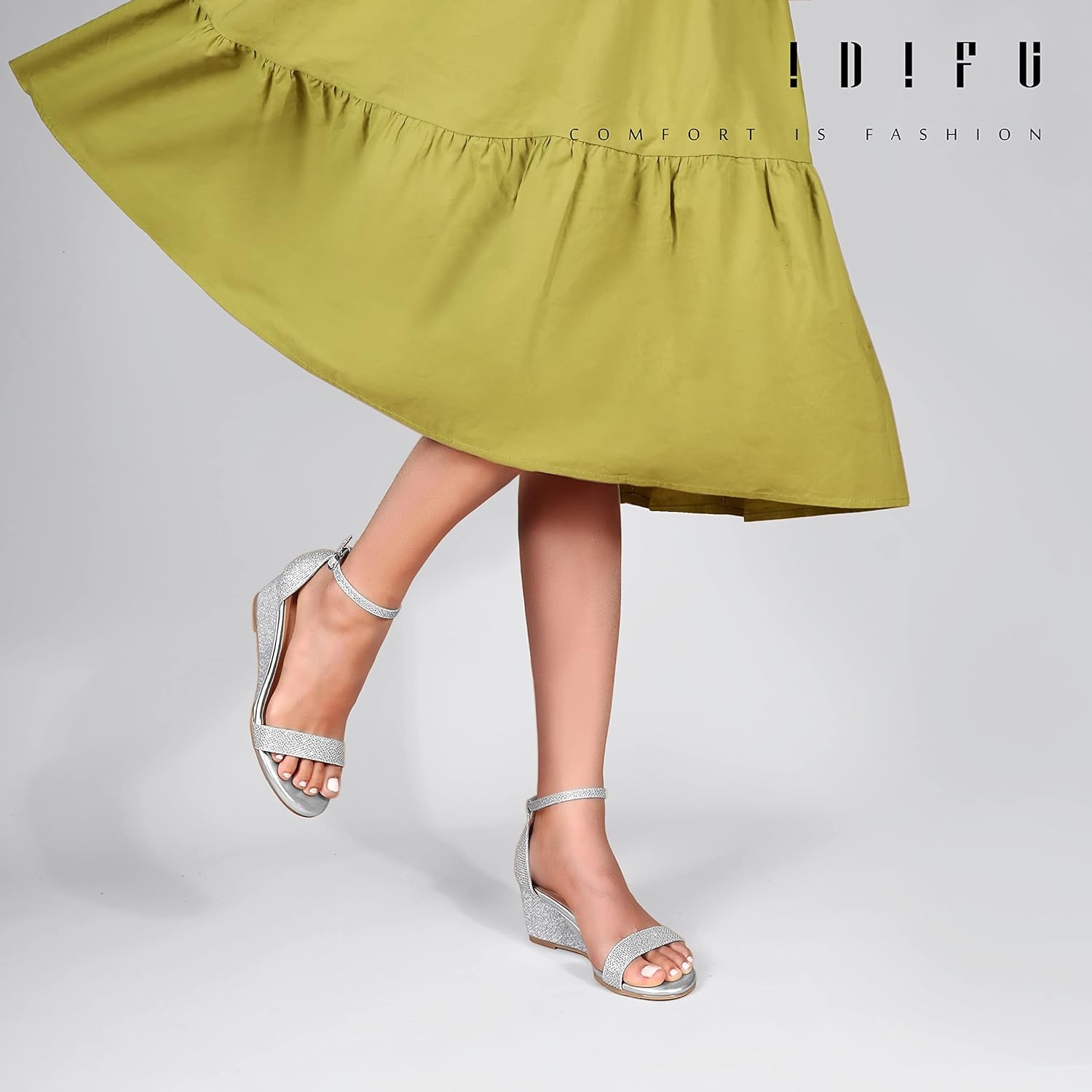 image:imageIDIFU Wedge Sandals Heels for Women Dress Shoes Open Toe with Ankle Strap for Wedding Bridal Evening CocktailSilver Glitter