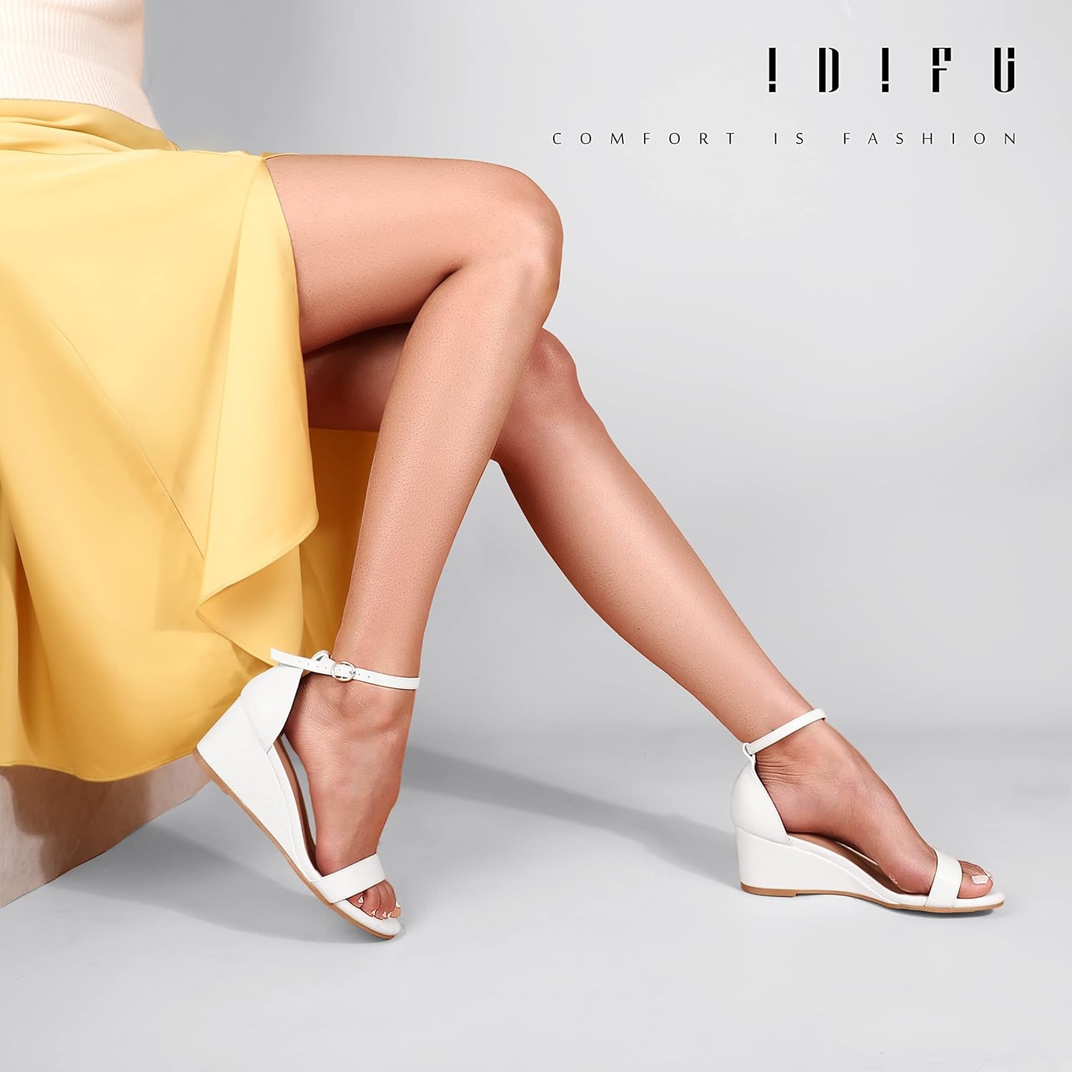 image:imageIDIFU Wedge Sandals Heels for Women Dress Shoes Open Toe with Ankle Strap for Wedding Bridal Evening CocktailWhite Pu