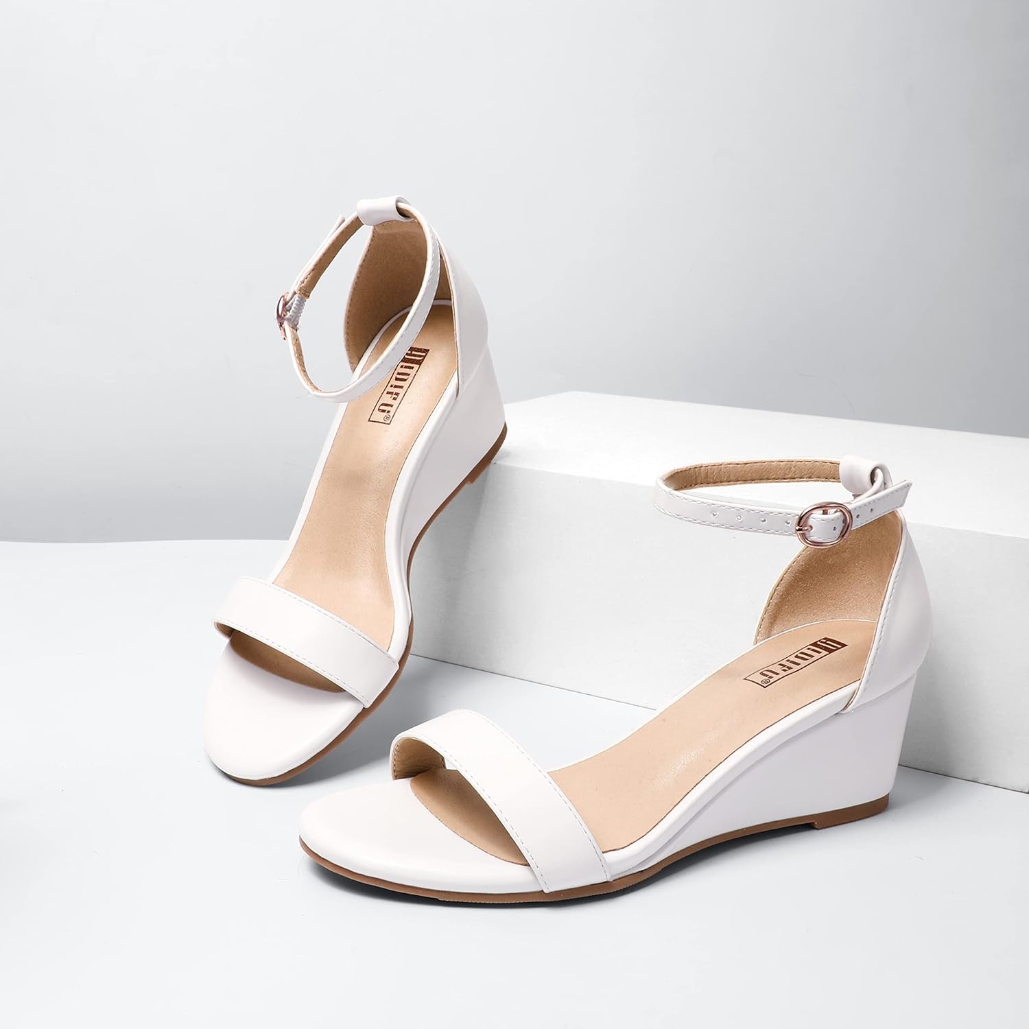 image:imageIDIFU Wedge Sandals Heels for Women Dress Shoes Open Toe with Ankle Strap for Wedding Bridal Evening CocktailWhite Pu