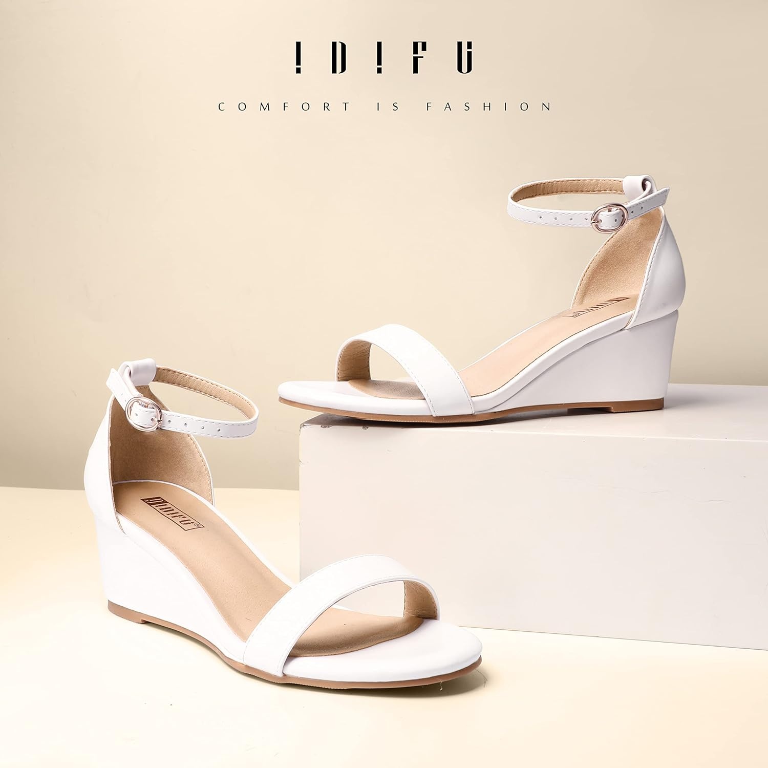 image:imageIDIFU Wedge Sandals Heels for Women Dress Shoes Open Toe with Ankle Strap for Wedding Bridal Evening CocktailWhite Pu