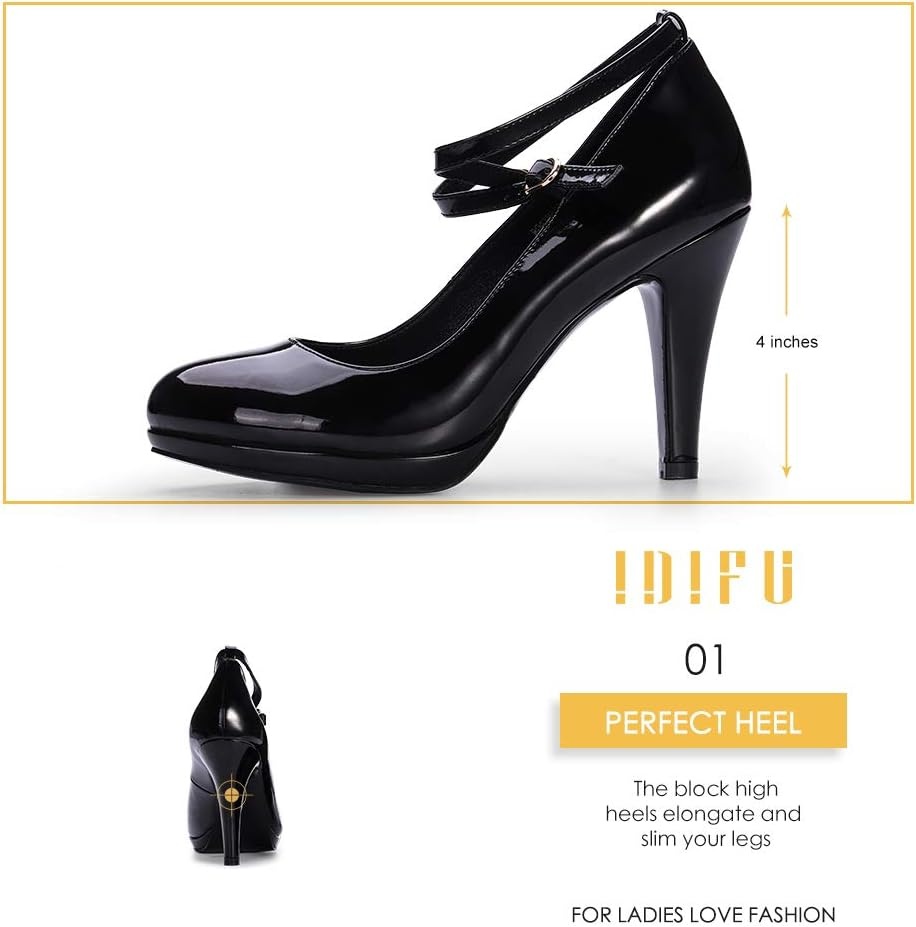 image:imageIDIFU Womens Tracy Platform High Heels Closed Toe Pumps Strappy Cross Ankle Strap Shoes for Casual Work WeddingBlack Patent