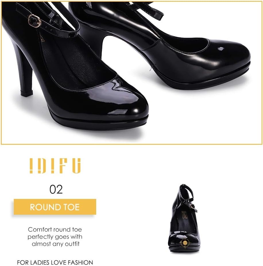 image:imageIDIFU Womens Tracy Platform High Heels Closed Toe Pumps Strappy Cross Ankle Strap Shoes for Casual Work WeddingBlack Patent