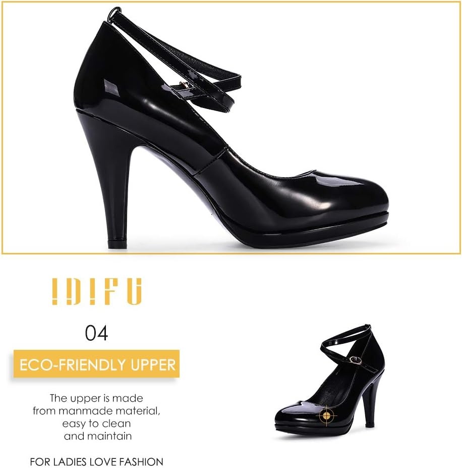 image:imageIDIFU Womens Tracy Platform High Heels Closed Toe Pumps Strappy Cross Ankle Strap Shoes for Casual Work WeddingBlack Patent