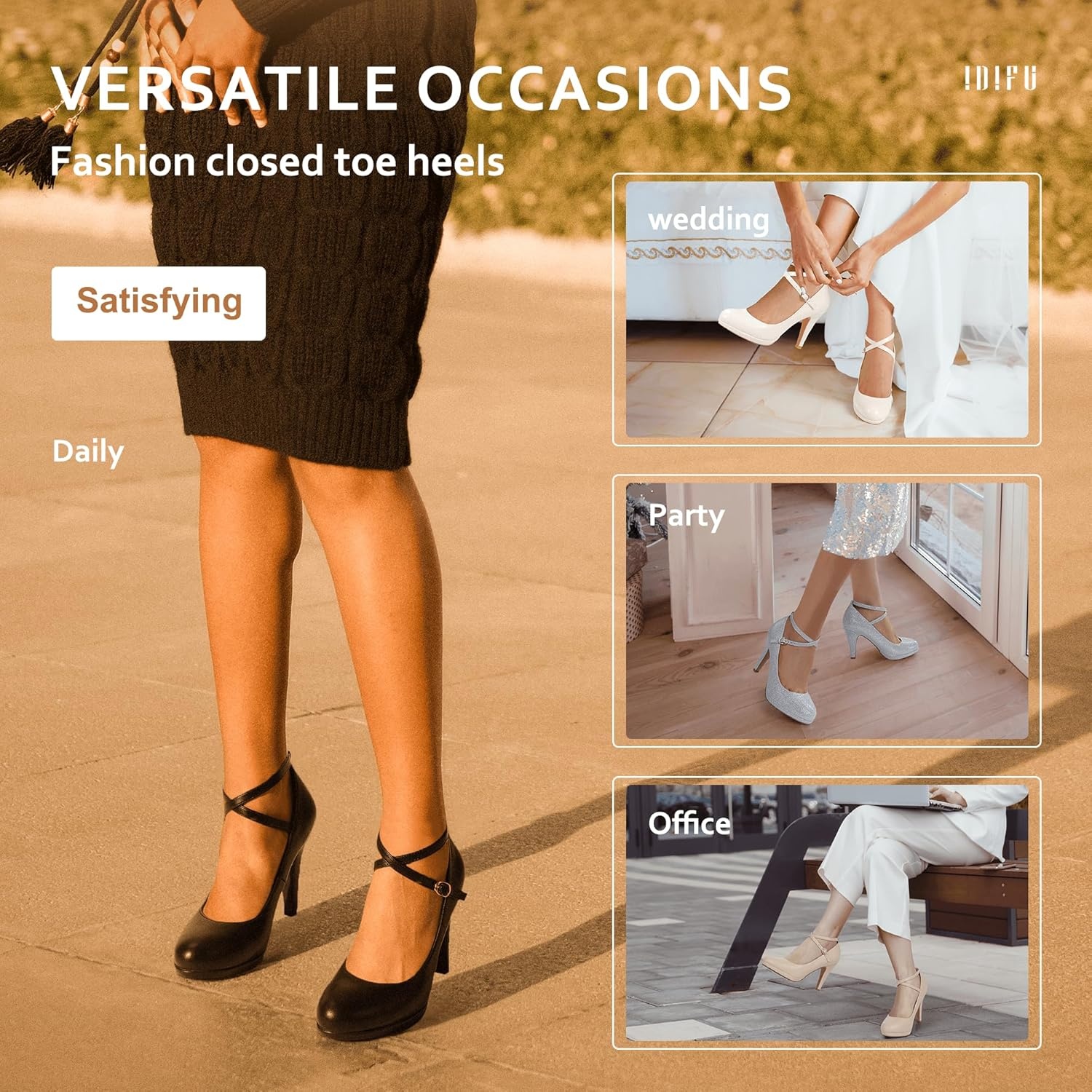 image:imageIDIFU Womens Tracy Platform High Heels Closed Toe Pumps Strappy Cross Ankle Strap Shoes for Casual Work WeddingBlack Pu