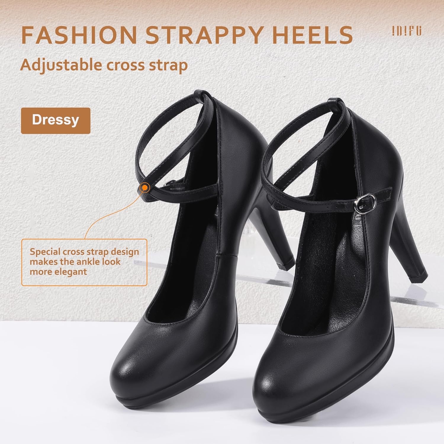 image:imageIDIFU Womens Tracy Platform High Heels Closed Toe Pumps Strappy Cross Ankle Strap Shoes for Casual Work WeddingBlack Pu