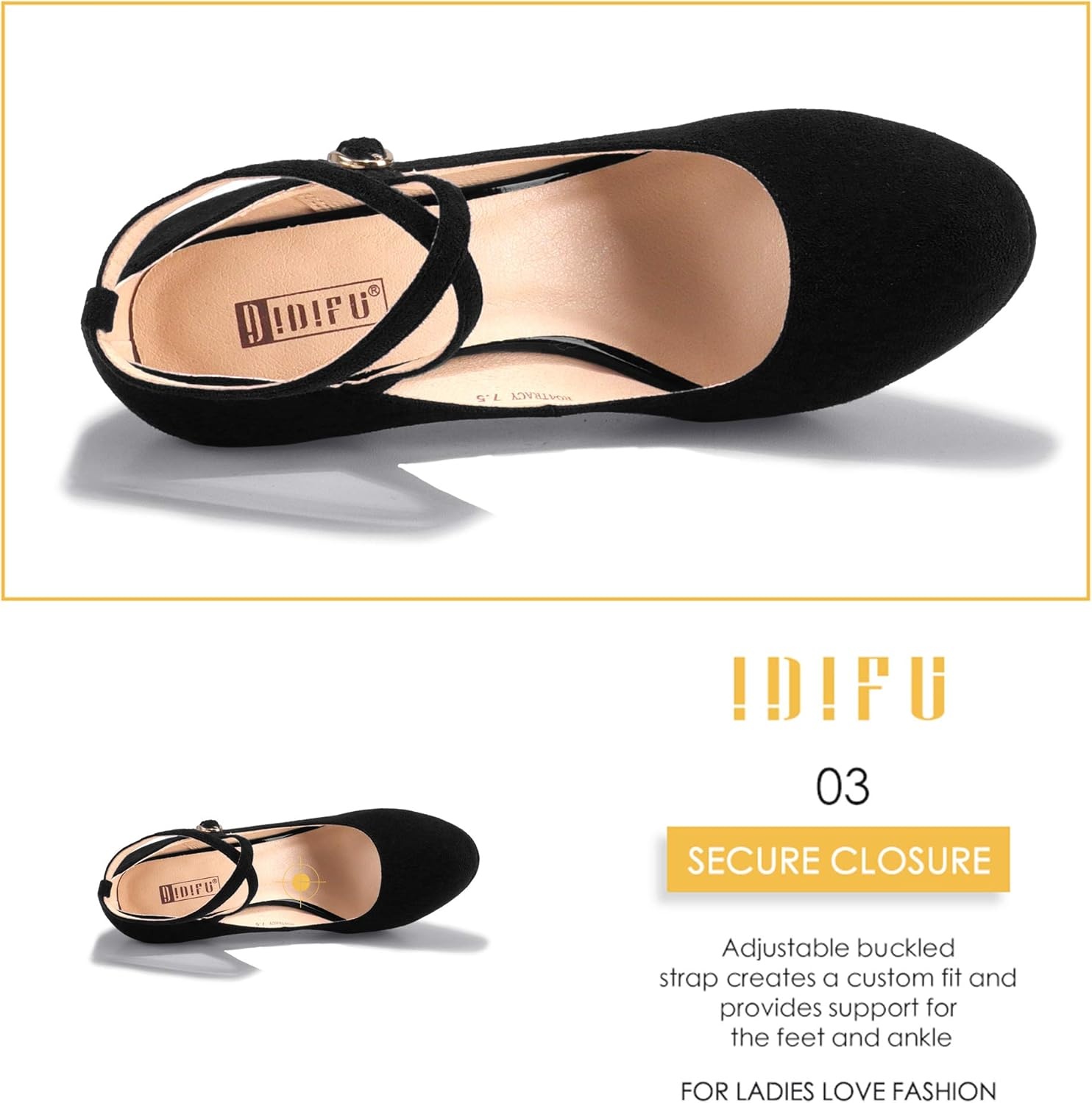 image:imageIDIFU Womens Tracy Platform High Heels Closed Toe Pumps Strappy Cross Ankle Strap Shoes for Casual Work WeddingBlack Suede