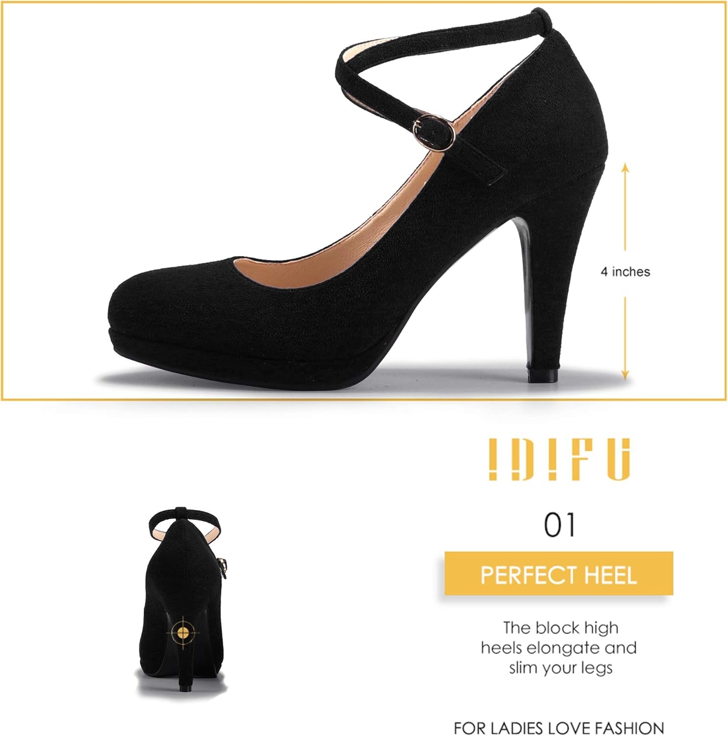 image:imageIDIFU Womens Tracy Platform High Heels Closed Toe Pumps Strappy Cross Ankle Strap Shoes for Casual Work WeddingBlack Suede